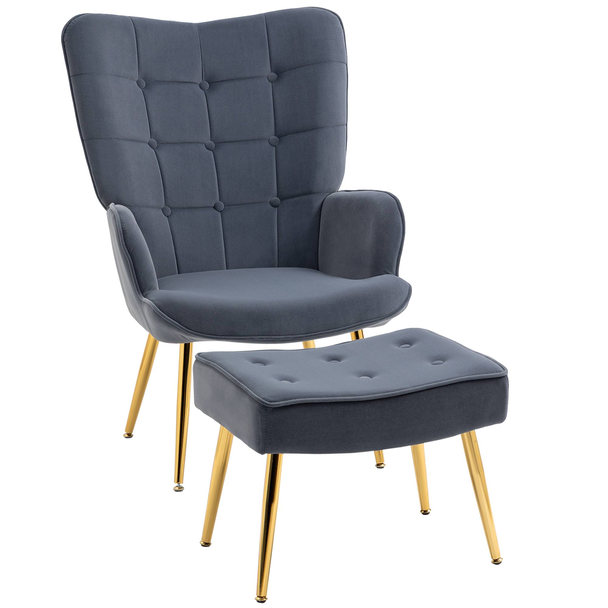 Fauteuil avec repose-pied, fauteuil salon capitonné avec dossier haut, pieds en acier doré et tissu velours, gris foncé - Image 1