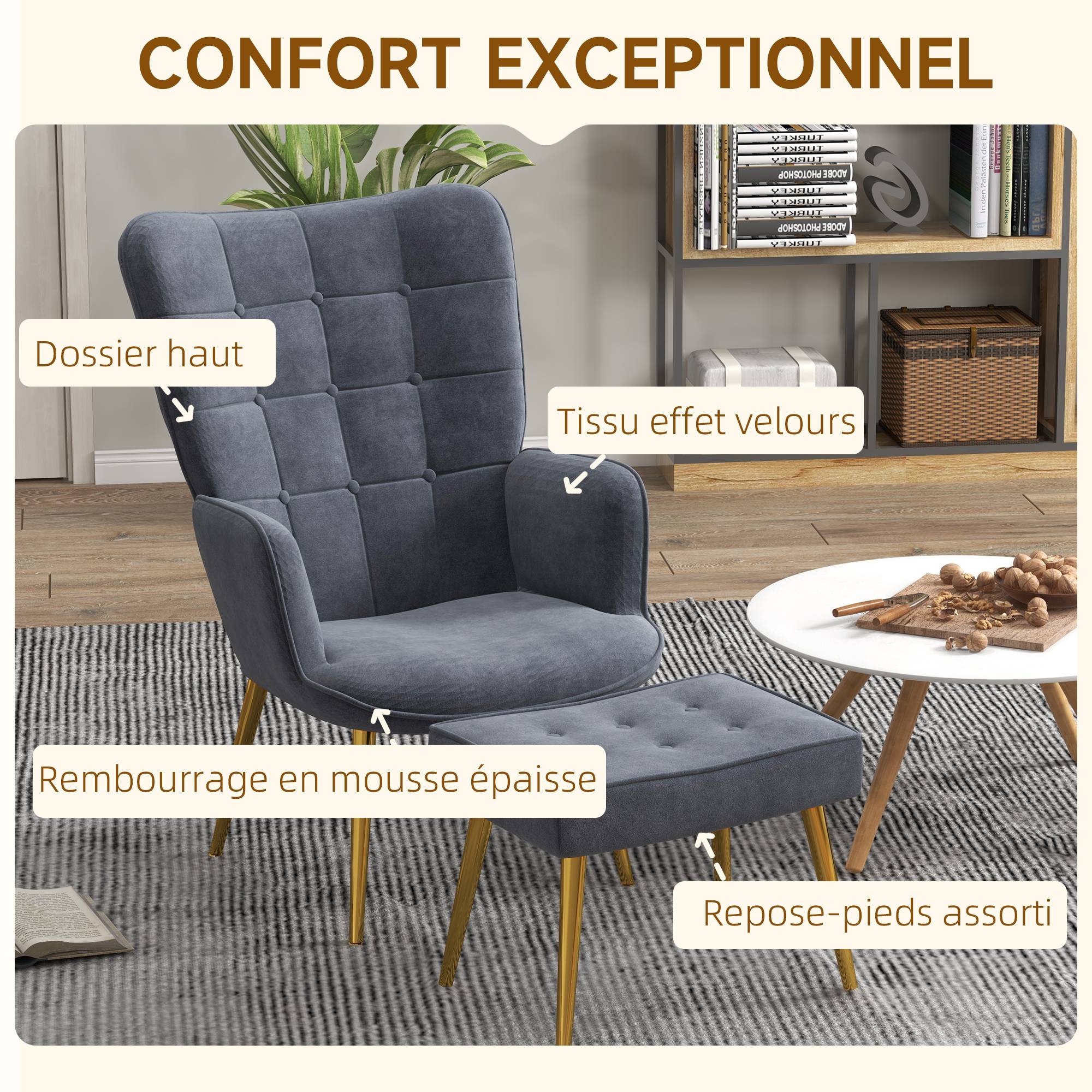 Fauteuil avec repose-pied, fauteuil salon capitonné avec dossier haut, pieds en acier doré et tissu velours, gris foncé - Image 6
