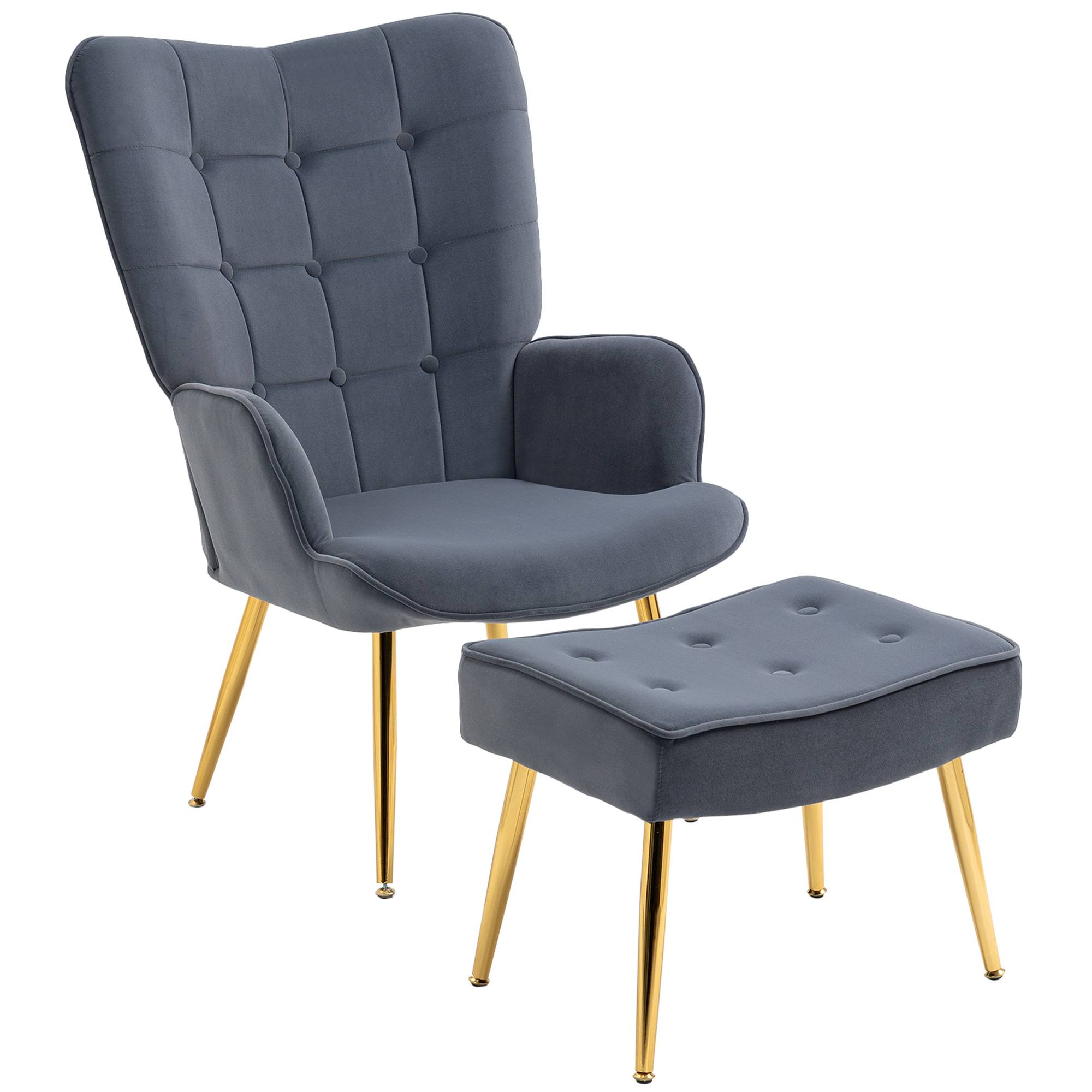 Fauteuil avec repose-pied, fauteuil salon capitonné avec dossier haut, pieds en acier doré et tissu velours, gris foncé - Image 2