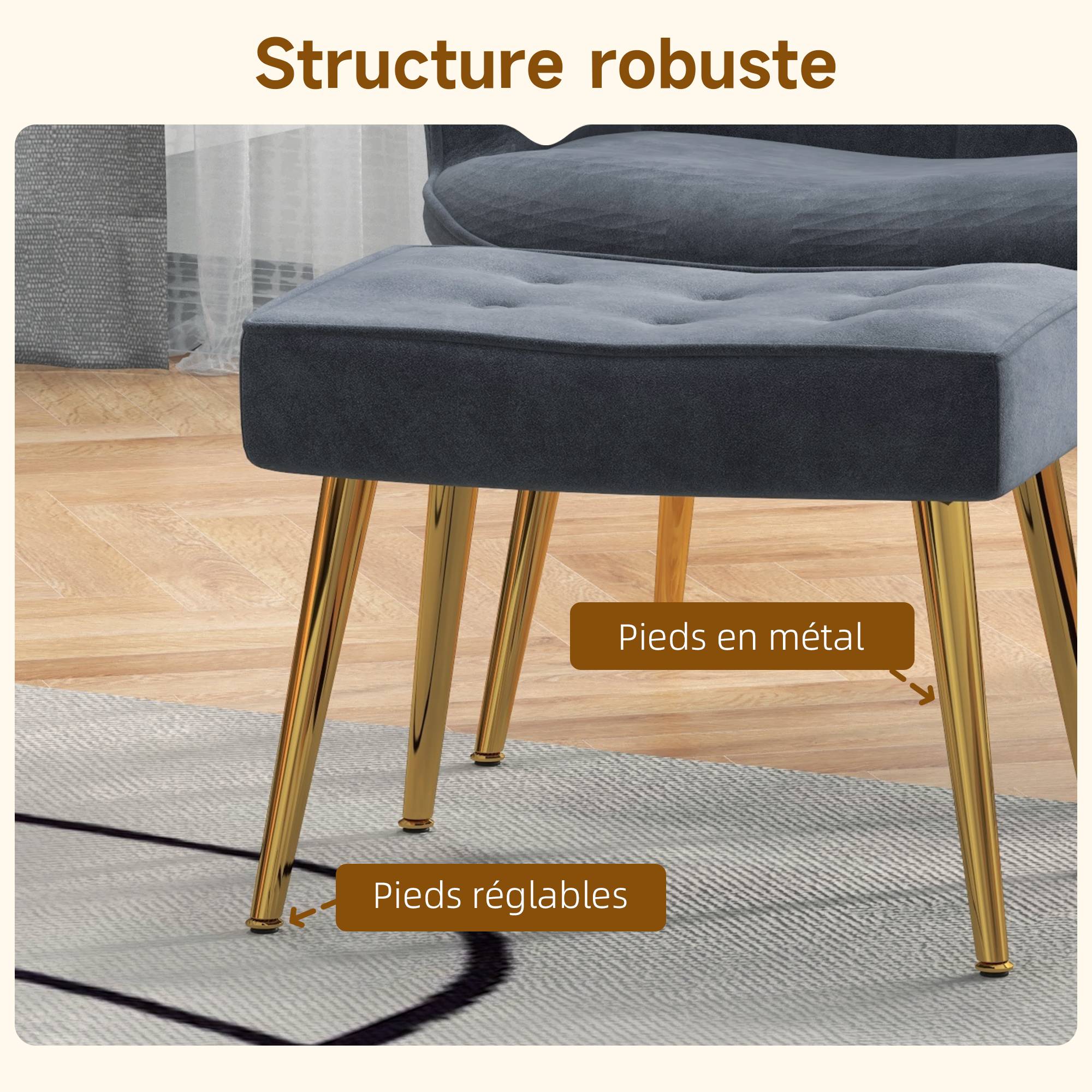 Fauteuil avec repose-pied, fauteuil salon capitonné avec dossier haut, pieds en acier doré et tissu velours, gris foncé - Image 7