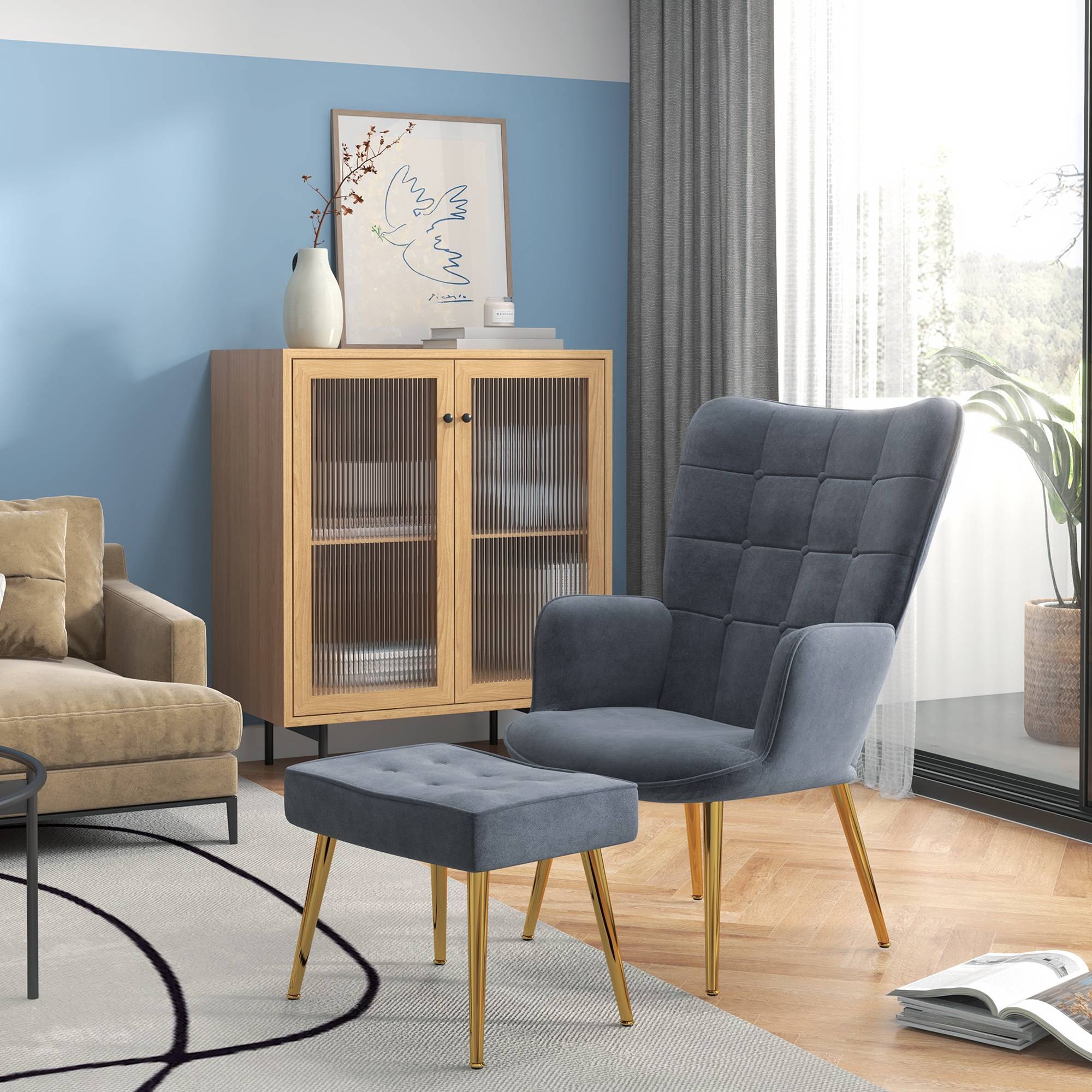 Fauteuil avec repose-pied, fauteuil salon capitonné avec dossier haut, pieds en acier doré et tissu velours, gris foncé - Image 3