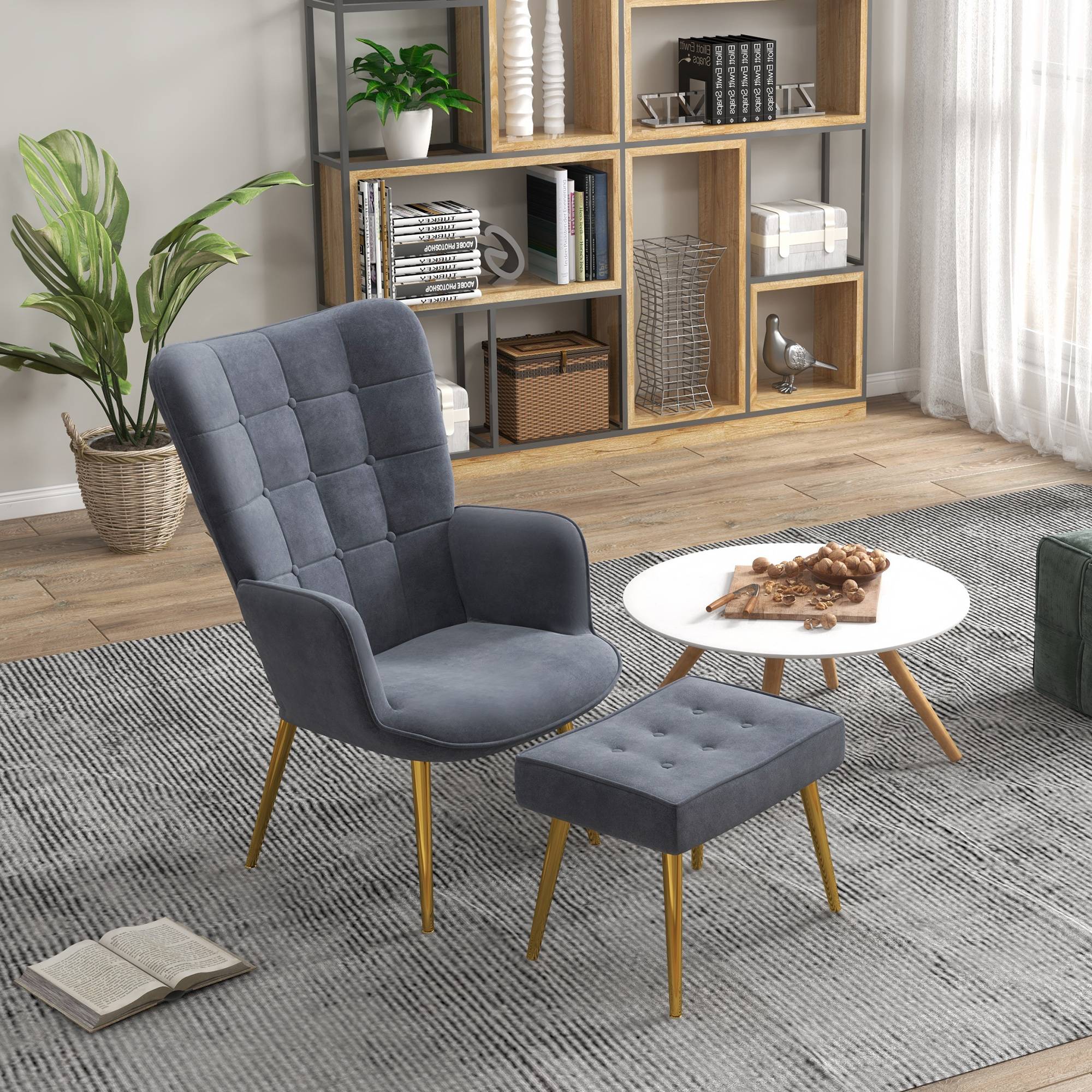 Fauteuil avec repose-pied, fauteuil salon capitonné avec dossier haut, pieds en acier doré et tissu velours, gris foncé - Image 4