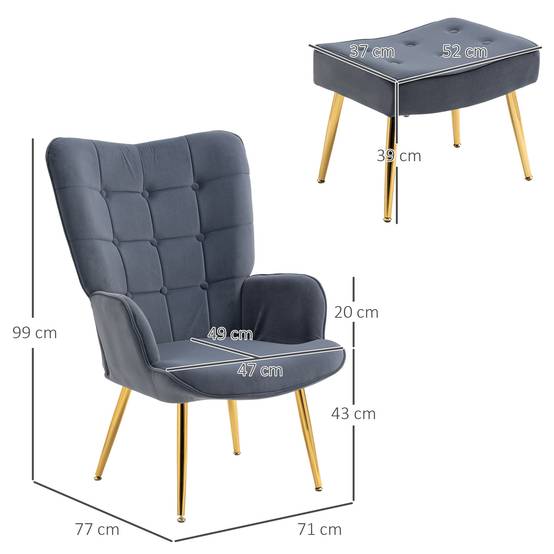 Fauteuil avec repose-pied, fauteuil salon capitonné avec dossier haut, pieds en acier doré et tissu velours, gris foncé - Image 5