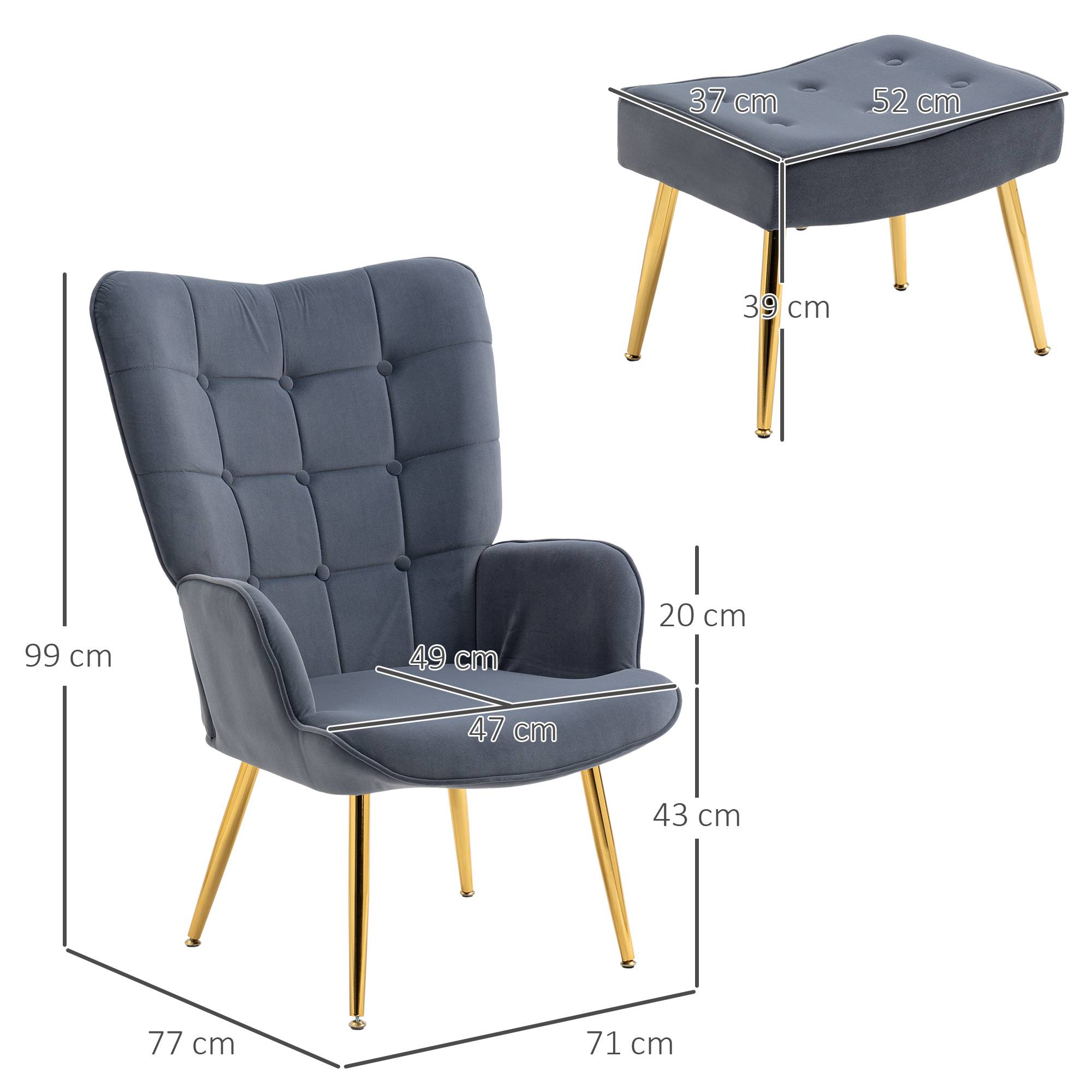 Fauteuil avec repose-pied, fauteuil salon capitonné avec dossier haut, pieds en acier doré et tissu velours, gris foncé - Image 5