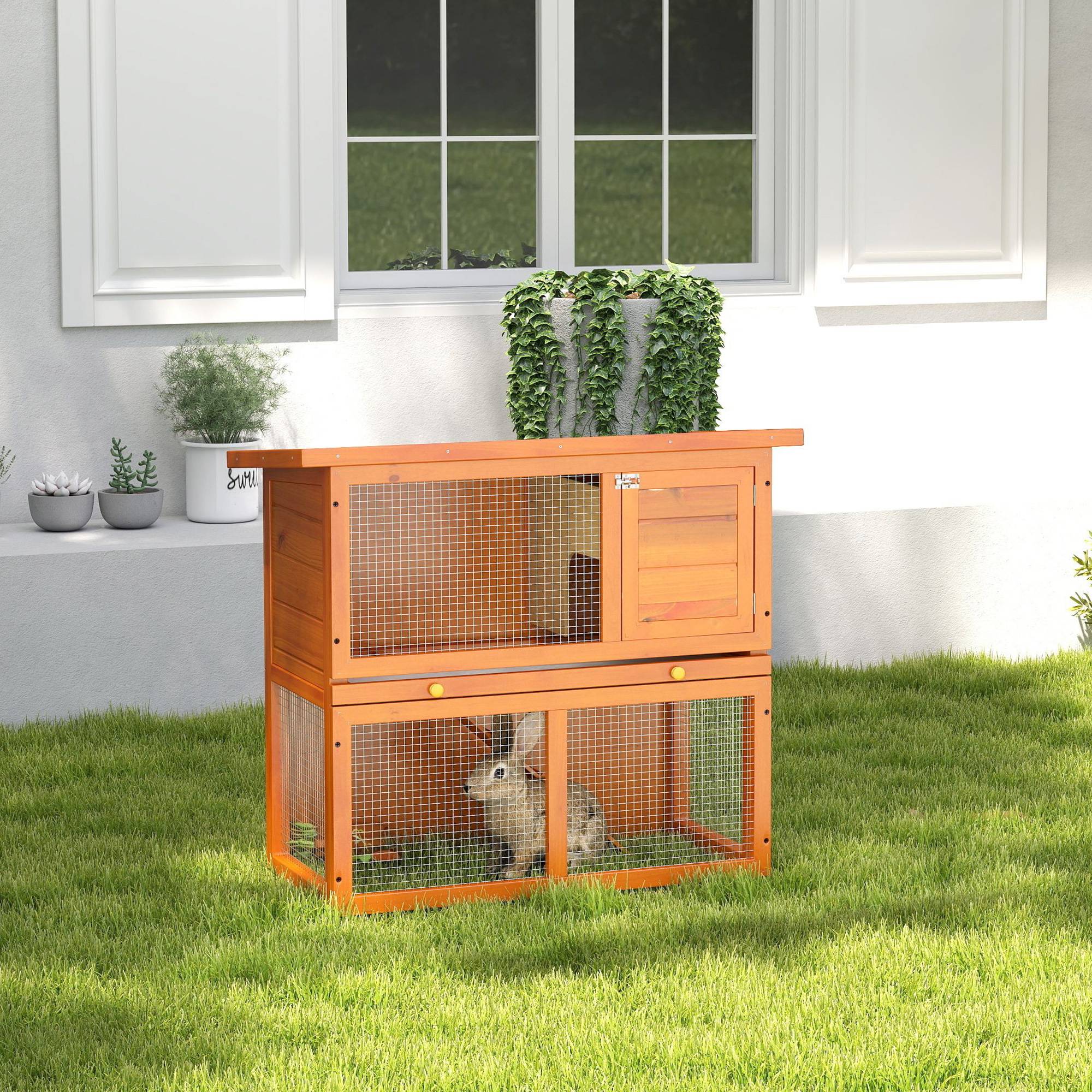 Cage petits animaux 2 niveaux résistante intempéries, sapin, naturel + vert - Image 4