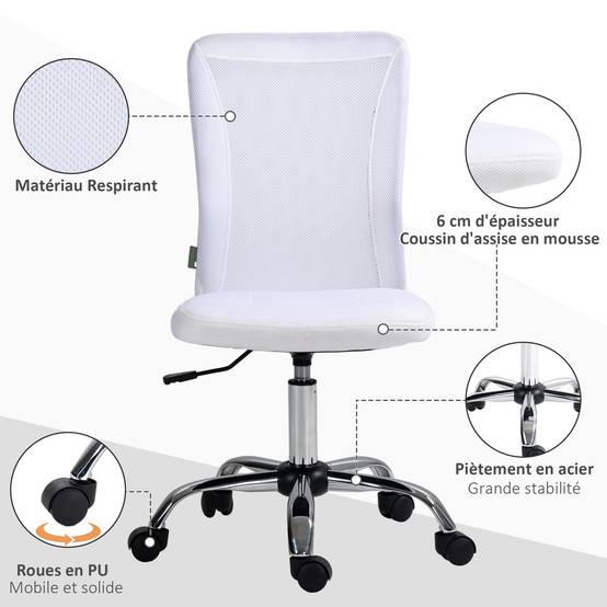 Sans Marque - Chaise de bureau ergonomique hauteur réglable piètement chromé pivotant 360° revêtement maille blanc - Image 6