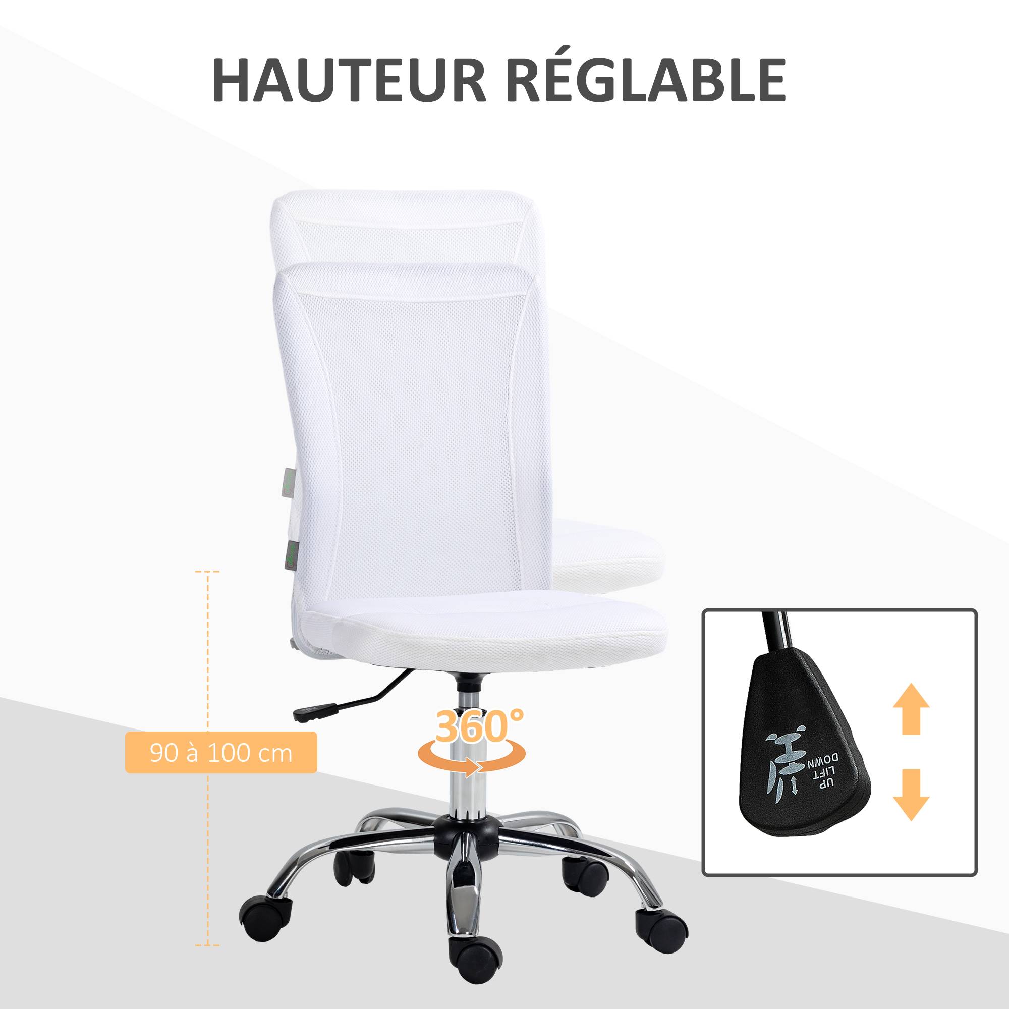 Sans Marque - Chaise de bureau ergonomique hauteur réglable piètement chromé pivotant 360° revêtement maille blanc - Image 7