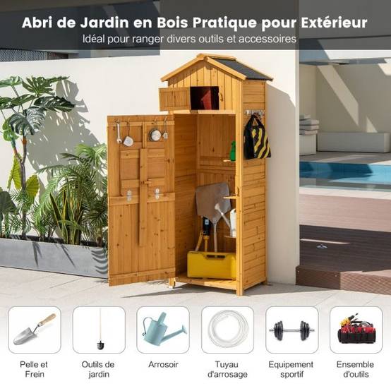 Helloshop26 - Abri de jardin en bois imperméable avec toit abri de jardin avec table pliable étagères et 8 crochets 75 x 50 x 180,5 cm - Imagen 4