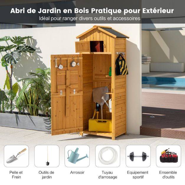 Helloshop26 - Abri de jardin en bois imperméable avec toit abri de jardin avec table pliable étagères et 8 crochets 75 x 50 x 180,5 cm - Imagen 4