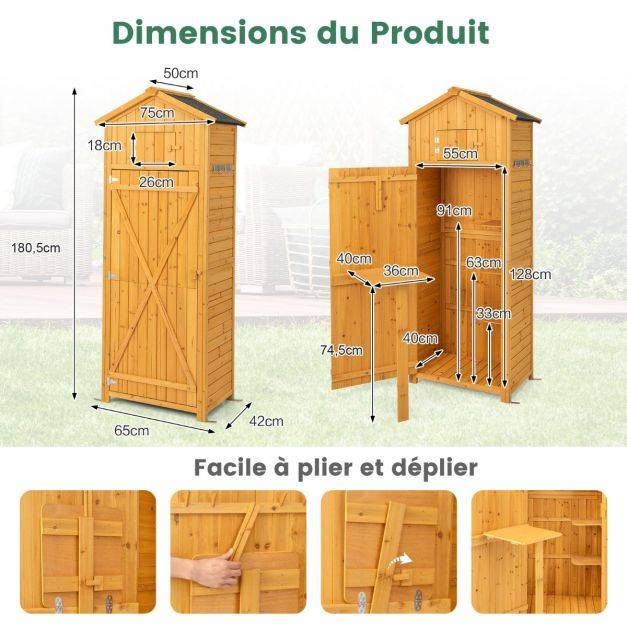 Helloshop26 - Abri de jardin en bois imperméable avec toit abri de jardin avec table pliable étagères et 8 crochets 75 x 50 x 180,5 cm - Imagen 5