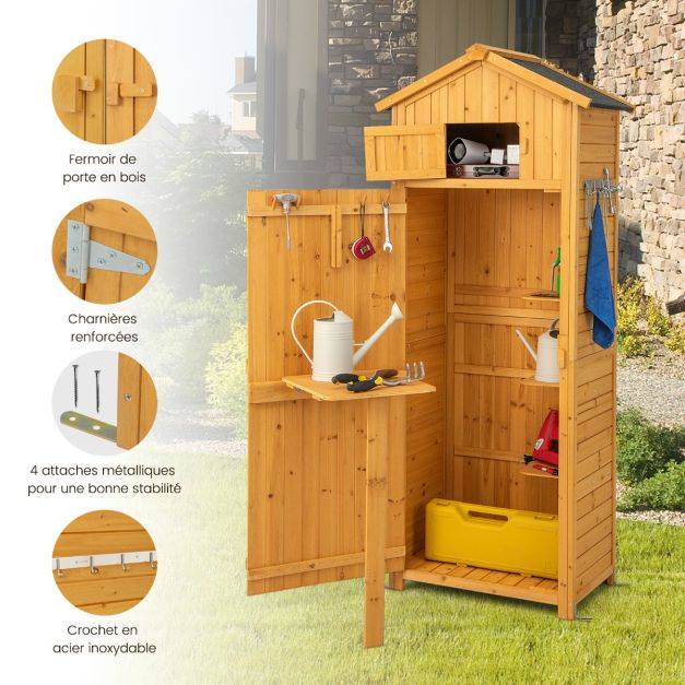 Helloshop26 - Abri de jardin en bois imperméable avec toit abri de jardin avec table pliable étagères et 8 crochets 75 x 50 x 180,5 cm - Imagen 2
