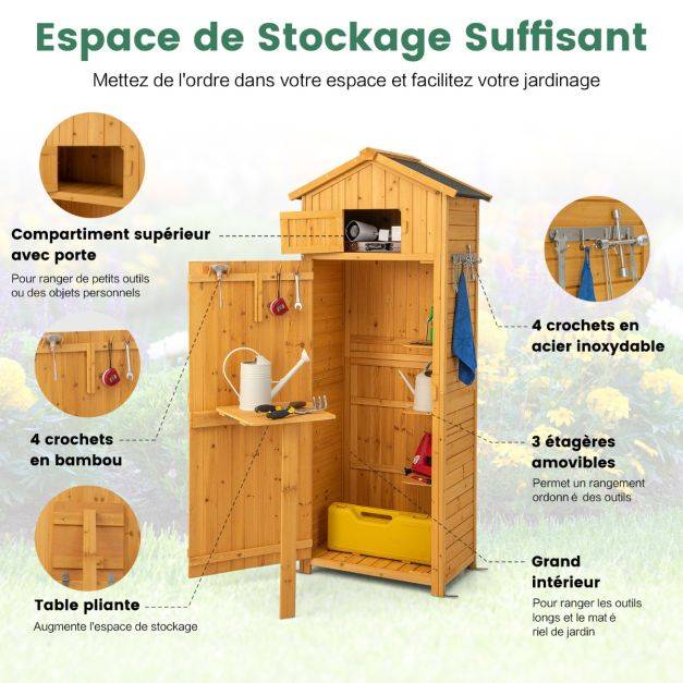 Helloshop26 - Abri de jardin en bois imperméable avec toit abri de jardin avec table pliable étagères et 8 crochets 75 x 50 x 180,5 cm - Imagen 3
