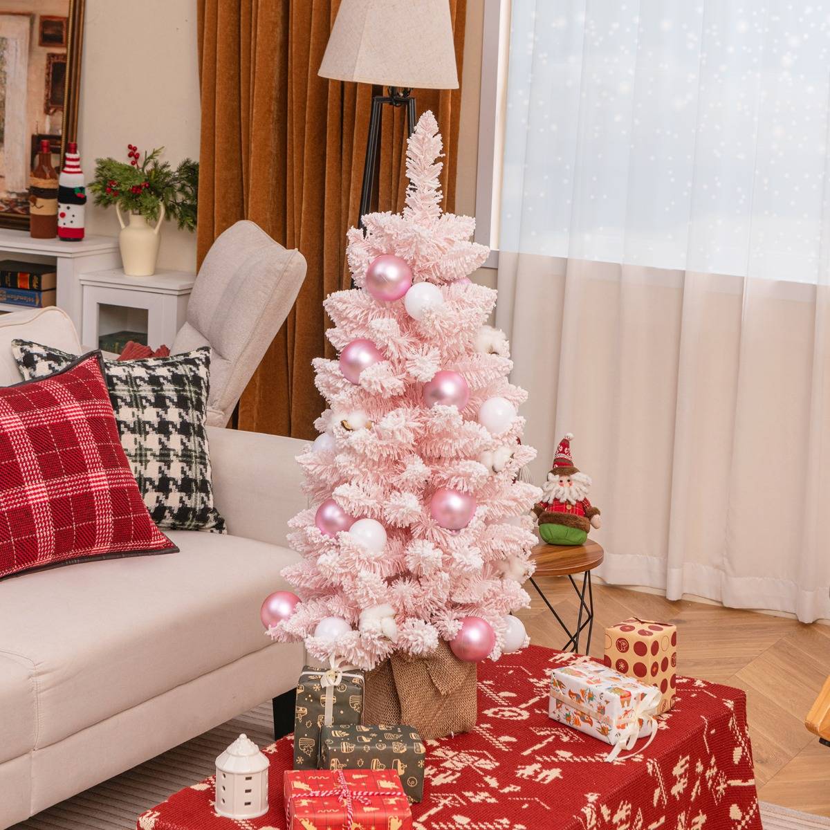Mini Sapin De Noël Artificiel De 60 Cm,Mini Sapin De Noël Rose Floqué