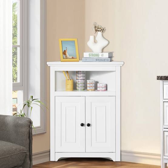 VEVOR Armoire rangement angle 845 mm, 3 niveaux, 2 portes, étagères réglables. Blanc. - Image 8