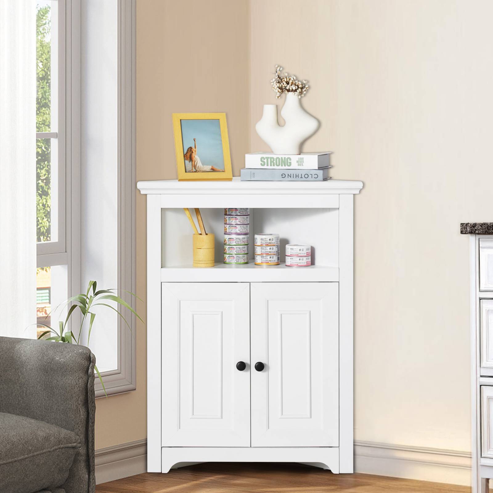 VEVOR Armoire rangement angle 845 mm, 3 niveaux, 2 portes, étagères réglables. Blanc. - Image 8