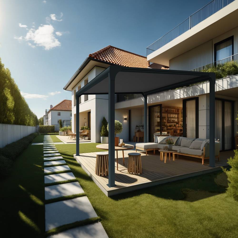 Pergola toile TILA îlot 3,50x3,00m Motorisé à télécommande + manœuvre de secours (Gris Graphite - Gris anthracite) - Alia Productions - Imagen 1