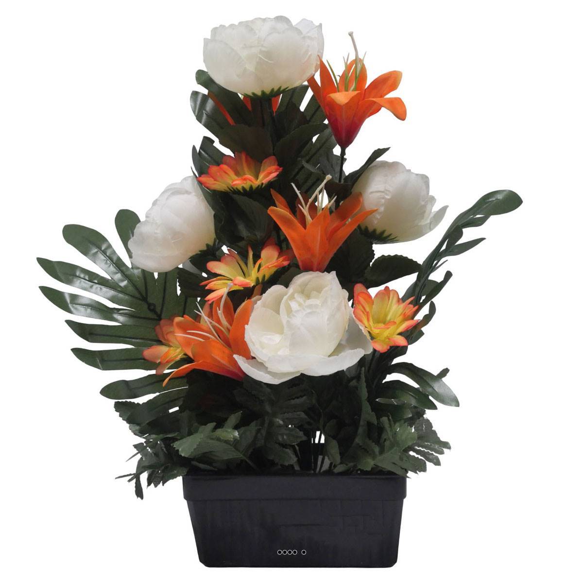 Jardinière fleurs artificielles Pivoine, Lys, Gerbera et ficus Crème pour la Toussaint - couleur: Crème - Image 2