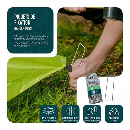 Vounot - Lot de 150 piquets de fixation en métal galvanisé - Agrafes de jardin en forme de U - 150x30mm Ø3mm - VOUNOT® - Image 5