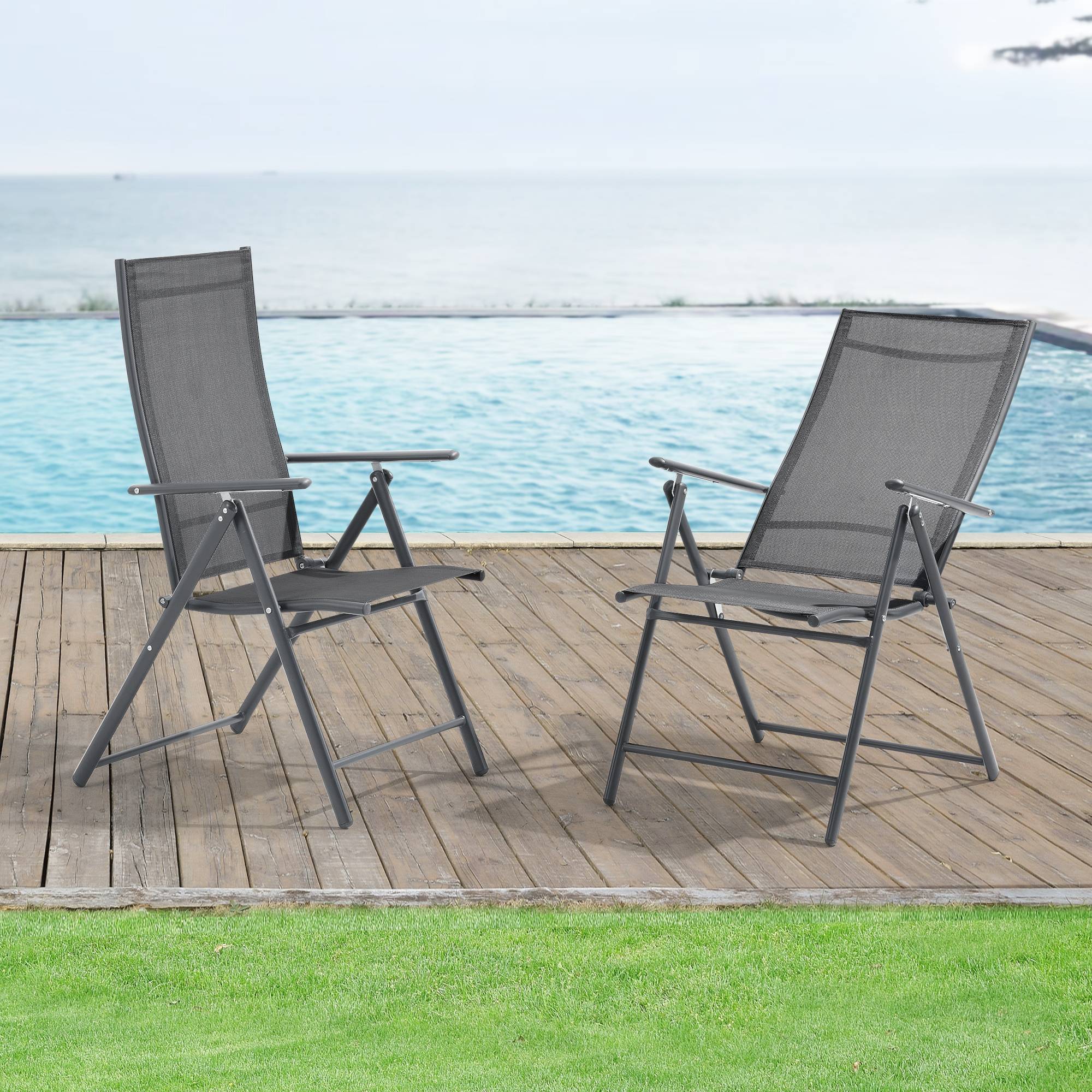 Lot de 2 Fauteuils de Jardin avec Accoudoirs et Dossier Acier Polyester Gris Foncé [en.casa] - Image 2