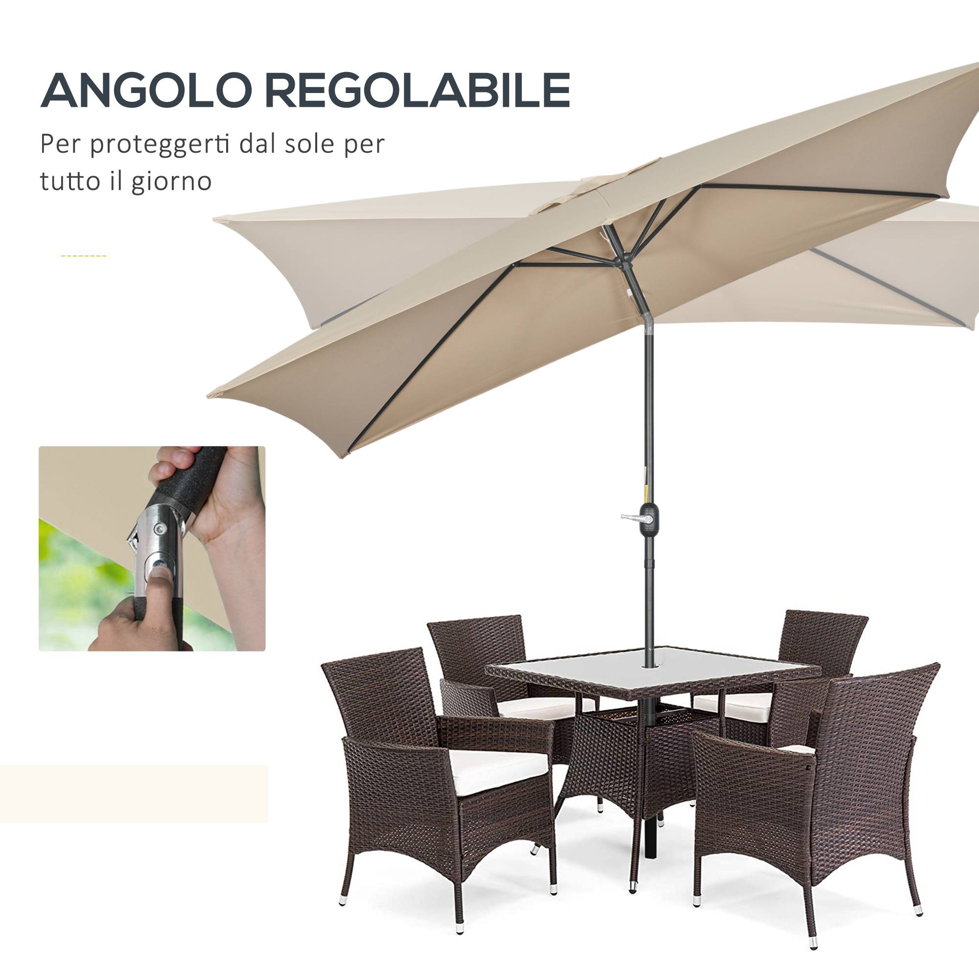 ComfortXL - Parasol rectangulaire aluminium pour terrasse inclinable avec manivelle 295x195cm kaki - ComfortXL Outdoor Living - Image 6
