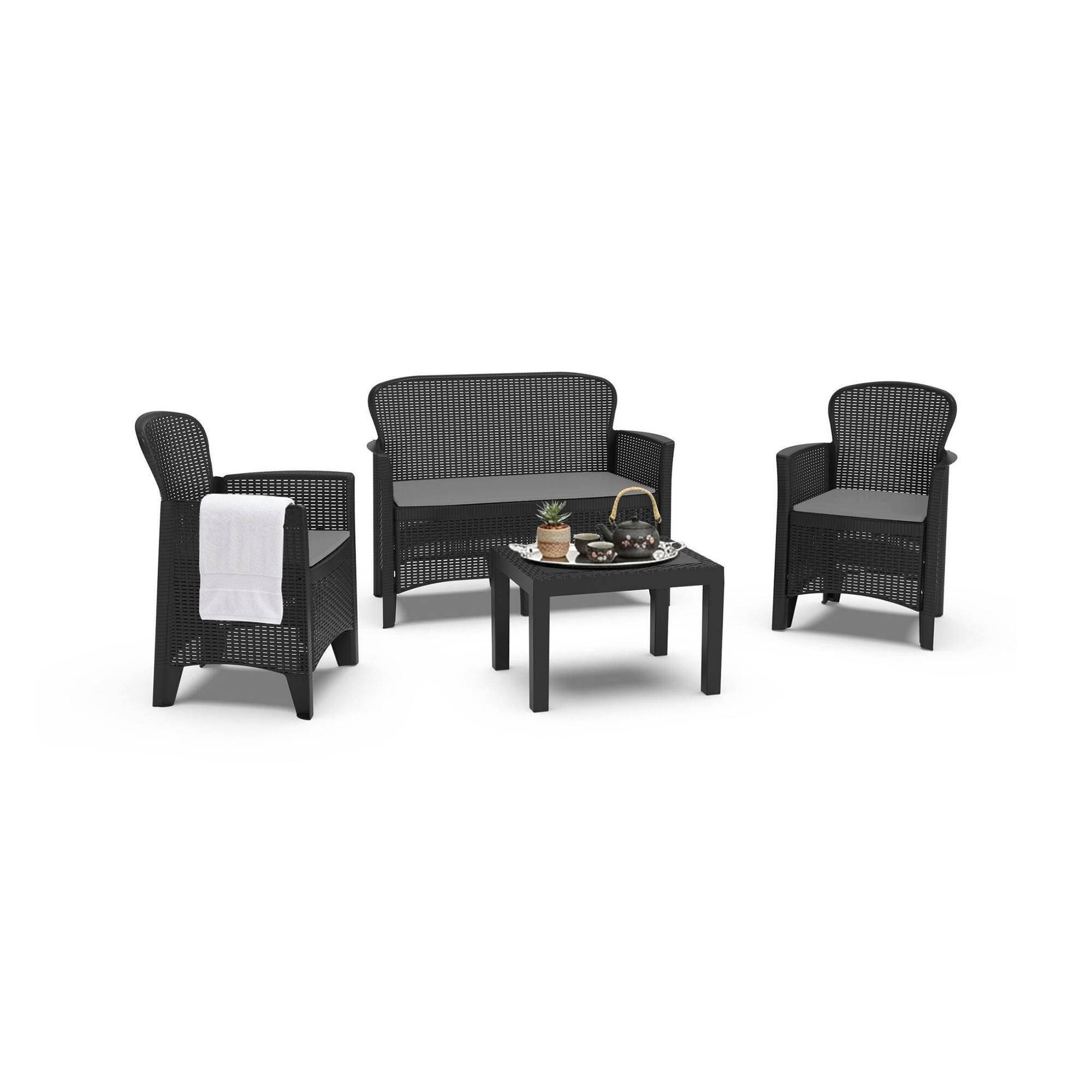 Dmora - Salon d'extérieur Debois, Salon de jardin composé de 2 fauteuils, 1 canapé et 1 table, Coin salon effet rotin avec coussins, Anthracite - Dmora - Imagen 1