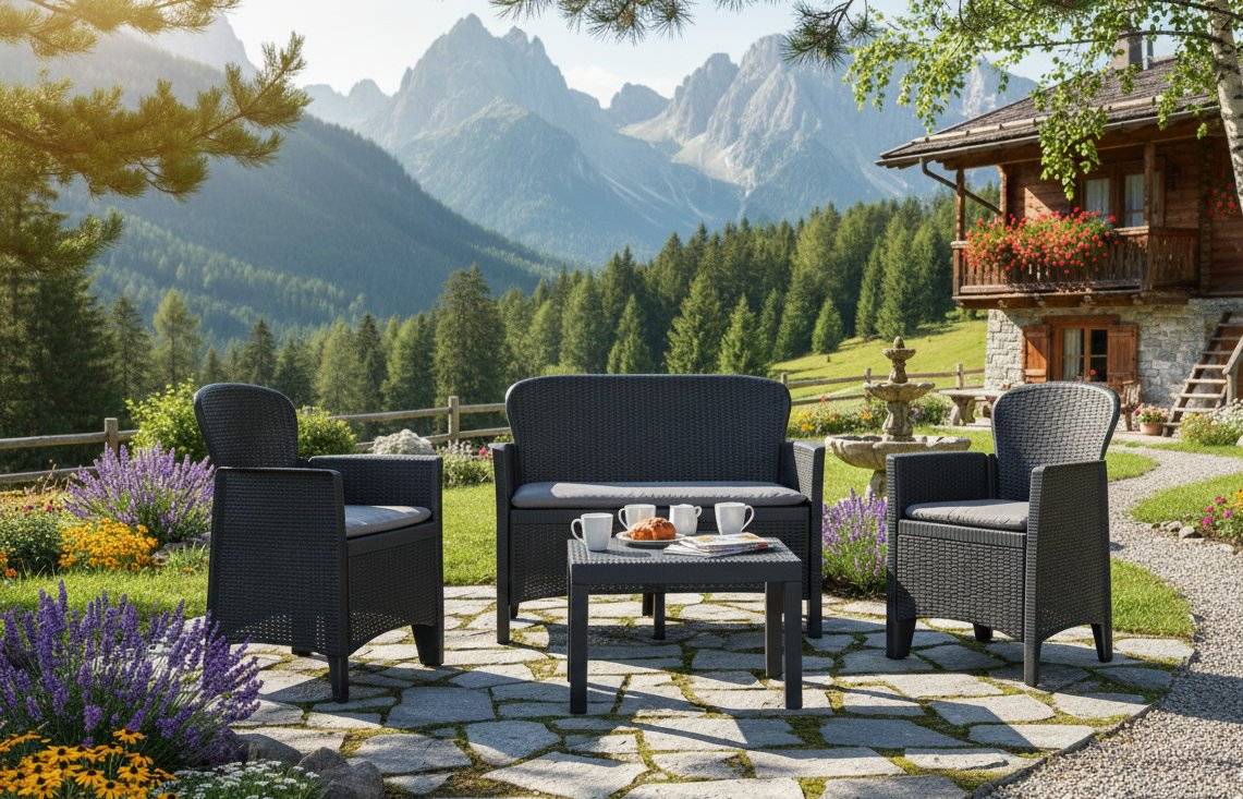 Dmora - Salon d'extérieur Debois, Salon de jardin composé de 2 fauteuils, 1 canapé et 1 table, Coin salon effet rotin avec coussins, Anthracite - Dmora - Imagen 7