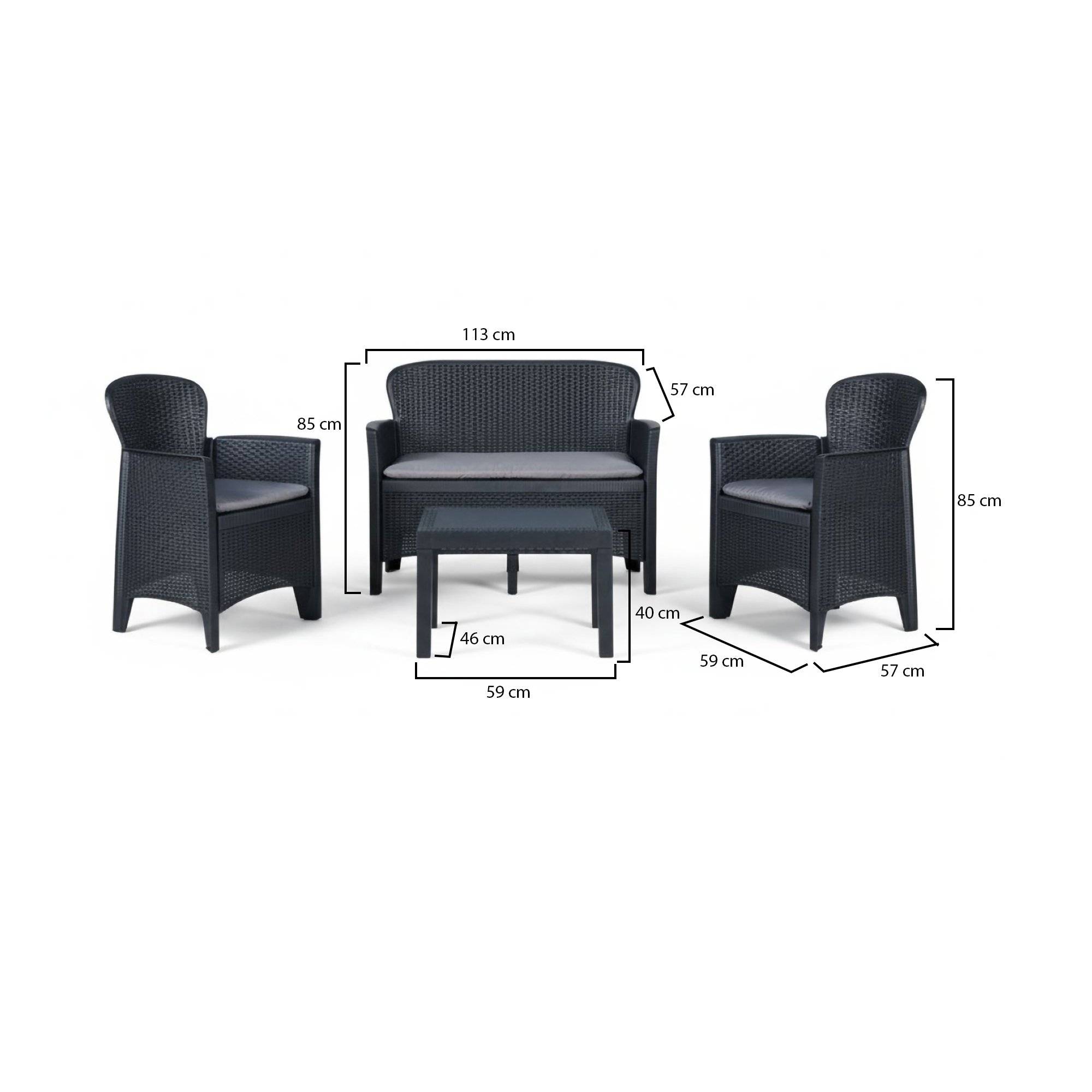 Dmora - Salon d'extérieur Debois, Salon de jardin composé de 2 fauteuils, 1 canapé et 1 table, Coin salon effet rotin avec coussins, Anthracite - Dmora - Imagen 8