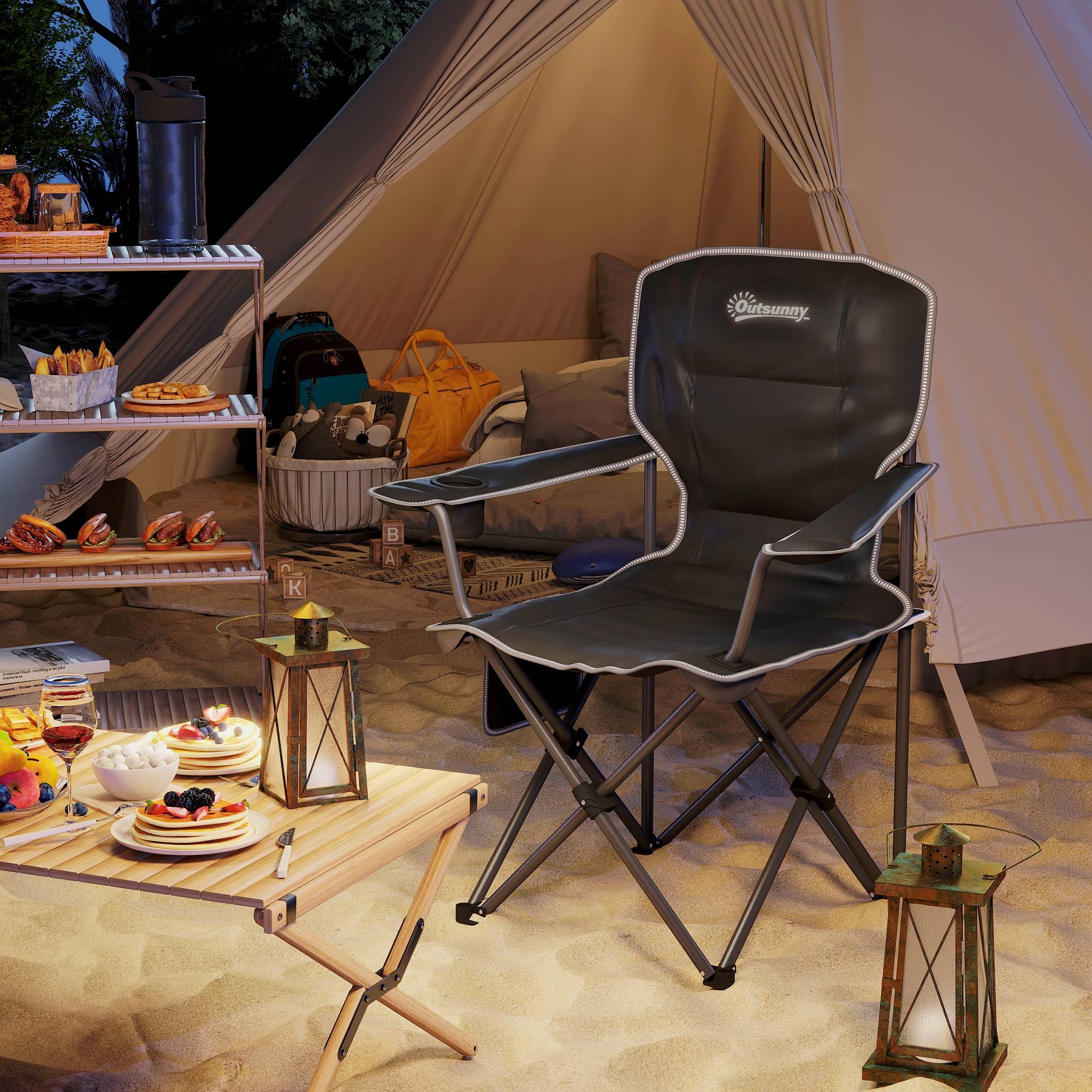 Chaise de camping pliante métal et tissu noir 94 x 62 x 110 cm - PANGIVO - Image 4