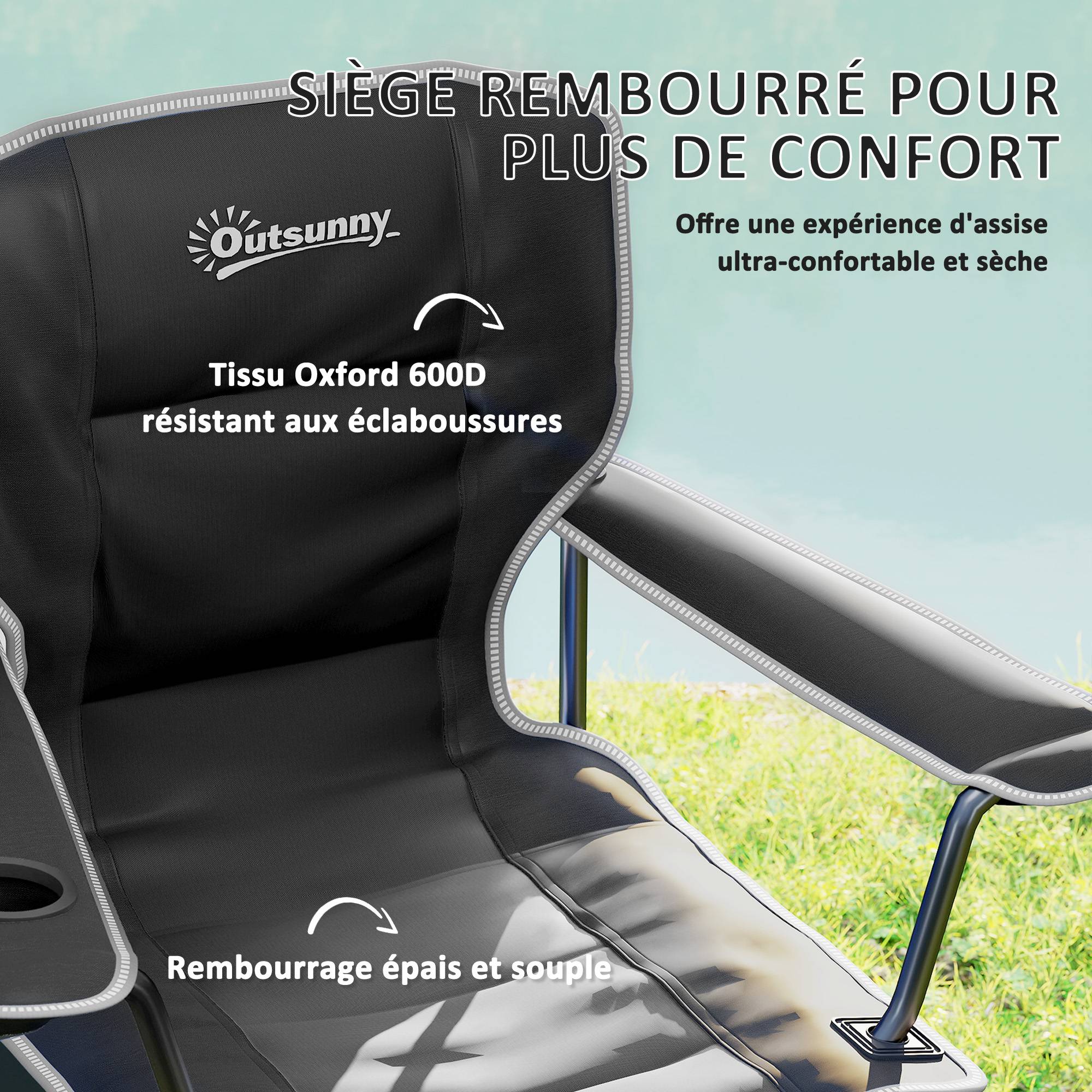 Chaise de camping pliante métal et tissu noir 94 x 62 x 110 cm - PANGIVO - Image 6
