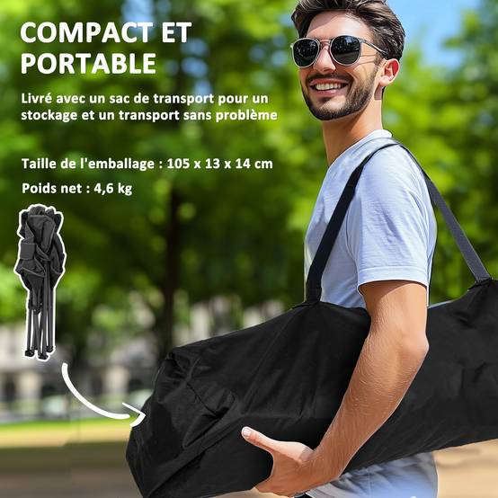 Chaise de camping pliante métal et tissu noir 94 x 62 x 110 cm - PANGIVO - Image 9