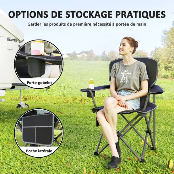 Chaise de camping pliante métal et tissu noir 94 x 62 x 110 cm - PANGIVO - Image 8