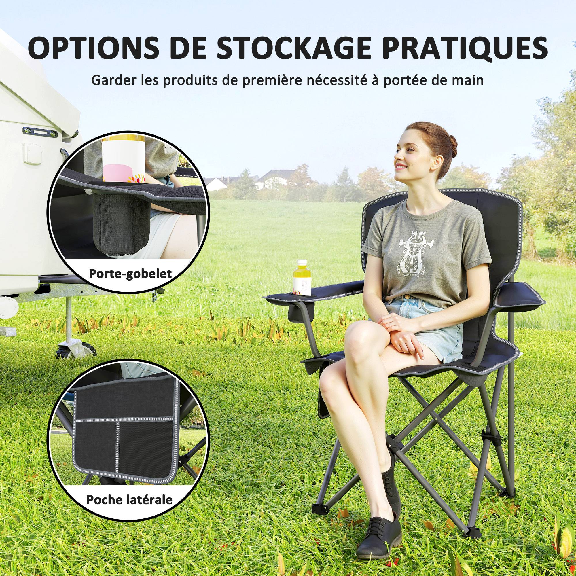 Chaise de camping pliante métal et tissu noir 94 x 62 x 110 cm - PANGIVO - Image 8