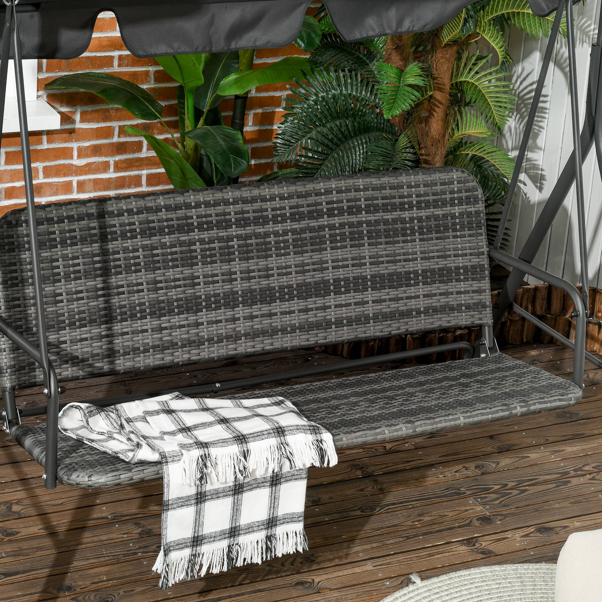 Balançoire jardin 3 places, toit réglable rotin PE, 167x112x153cm, gris foncé - Image 10