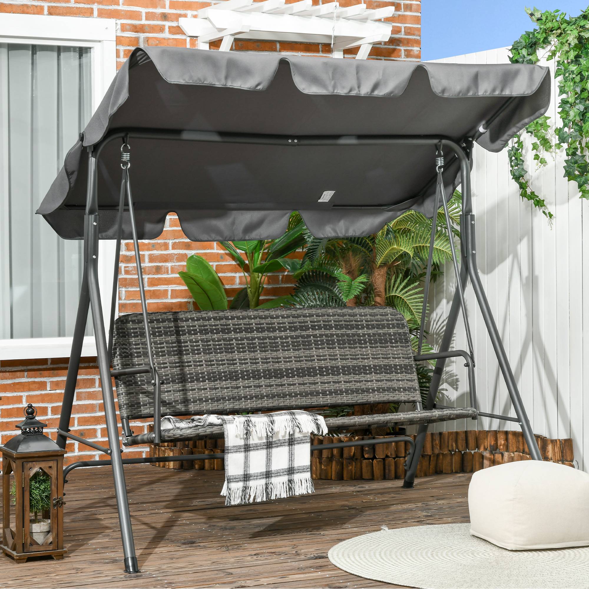 Balançoire jardin 3 places, toit réglable rotin PE, 167x112x153cm, gris foncé - Image 3
