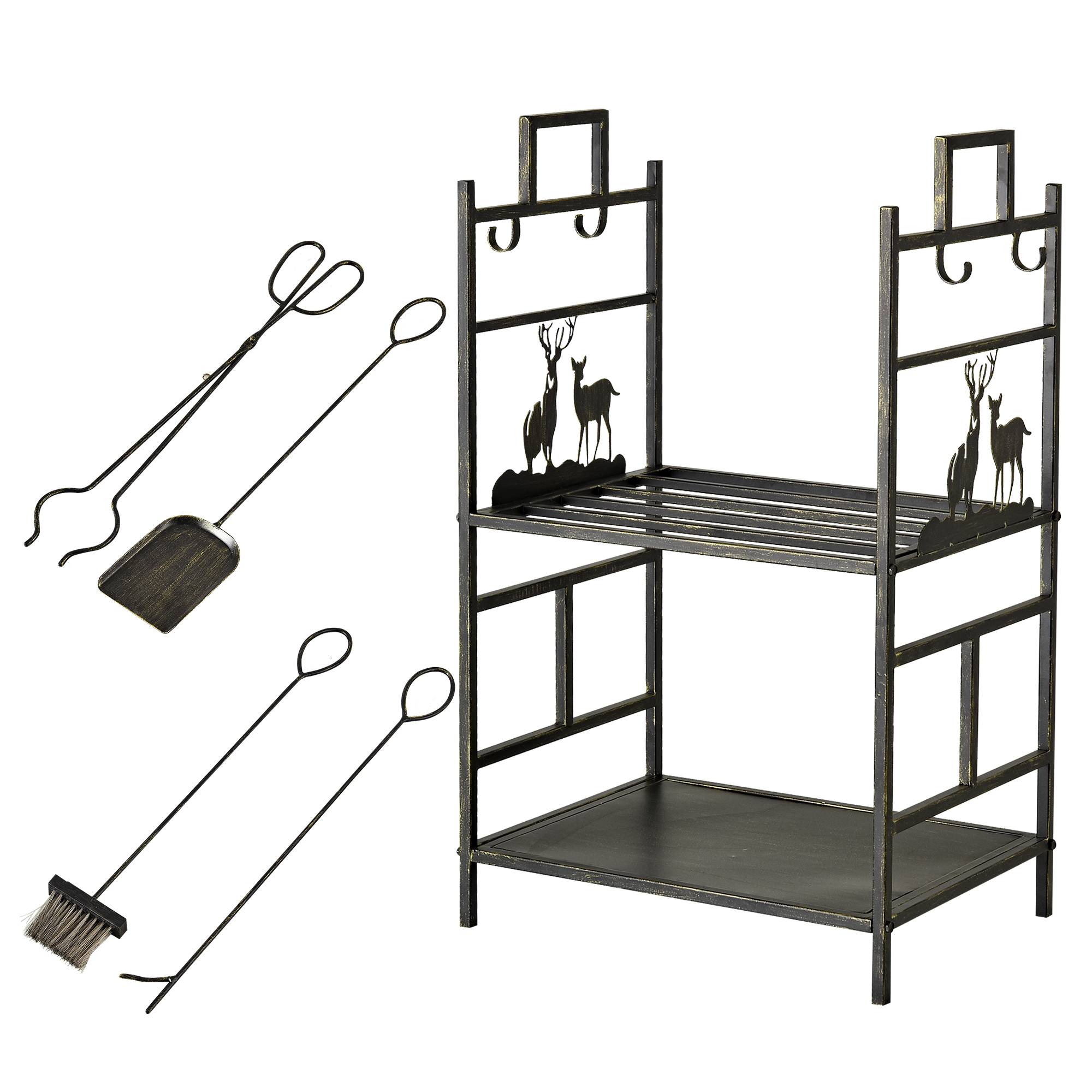 Porte-bûches en métal avec 4 outils et poignées pour une utilisation intérieure et extérieure, 51,5 x 33 x 77 cm, noir et or - Image 2