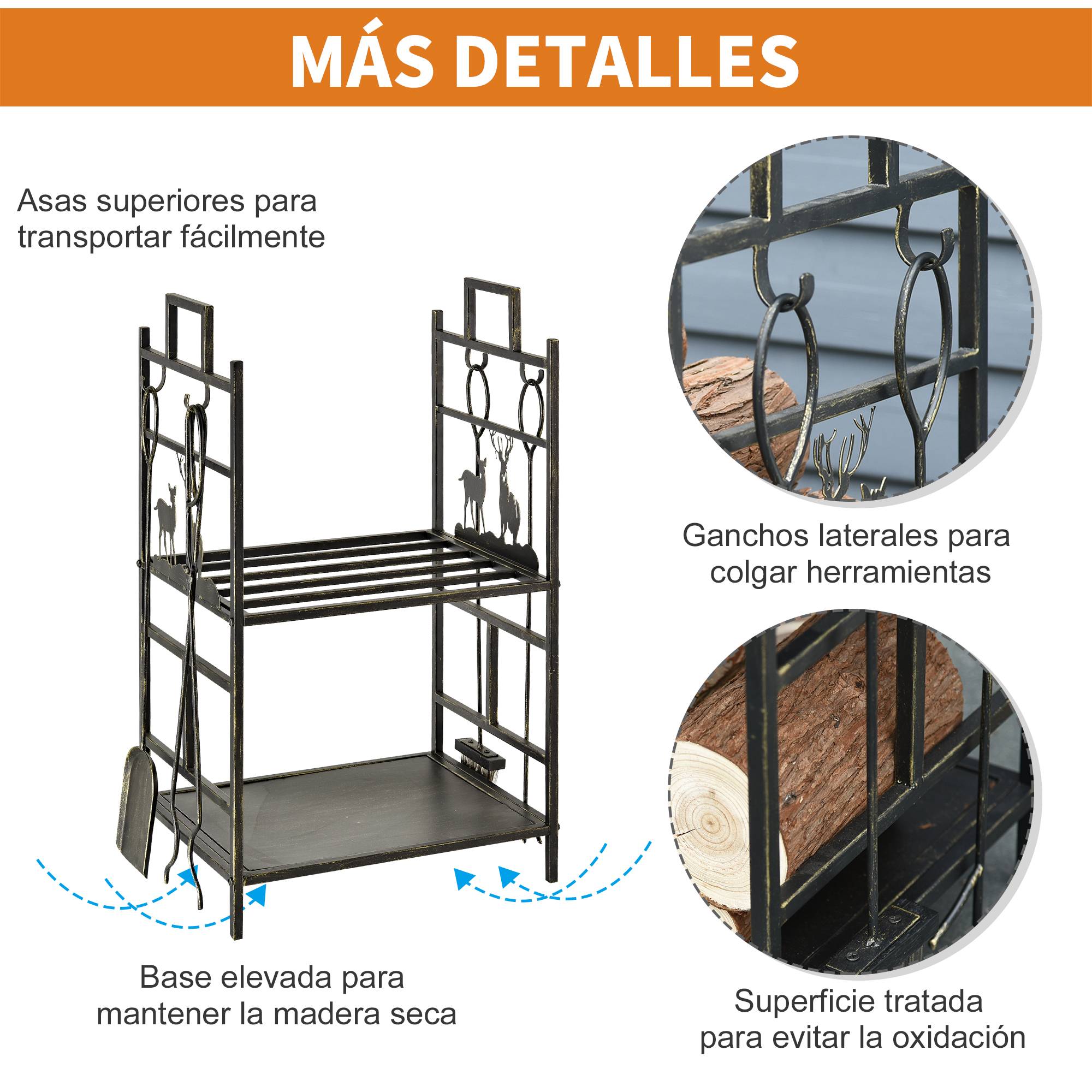 Porte-bûches en métal avec 4 outils et poignées pour une utilisation intérieure et extérieure, 51,5 x 33 x 77 cm, noir et or - Image 6