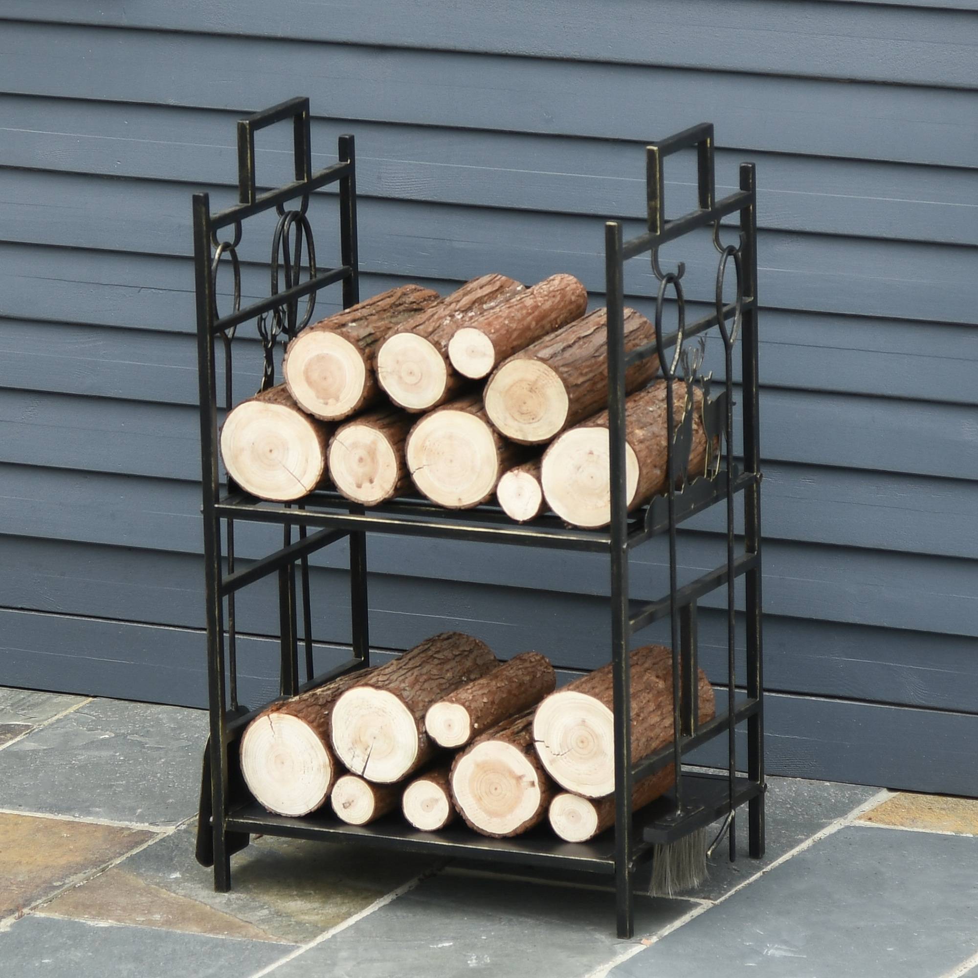 Porte-bûches en métal avec 4 outils et poignées pour une utilisation intérieure et extérieure, 51,5 x 33 x 77 cm, noir et or - Image 4