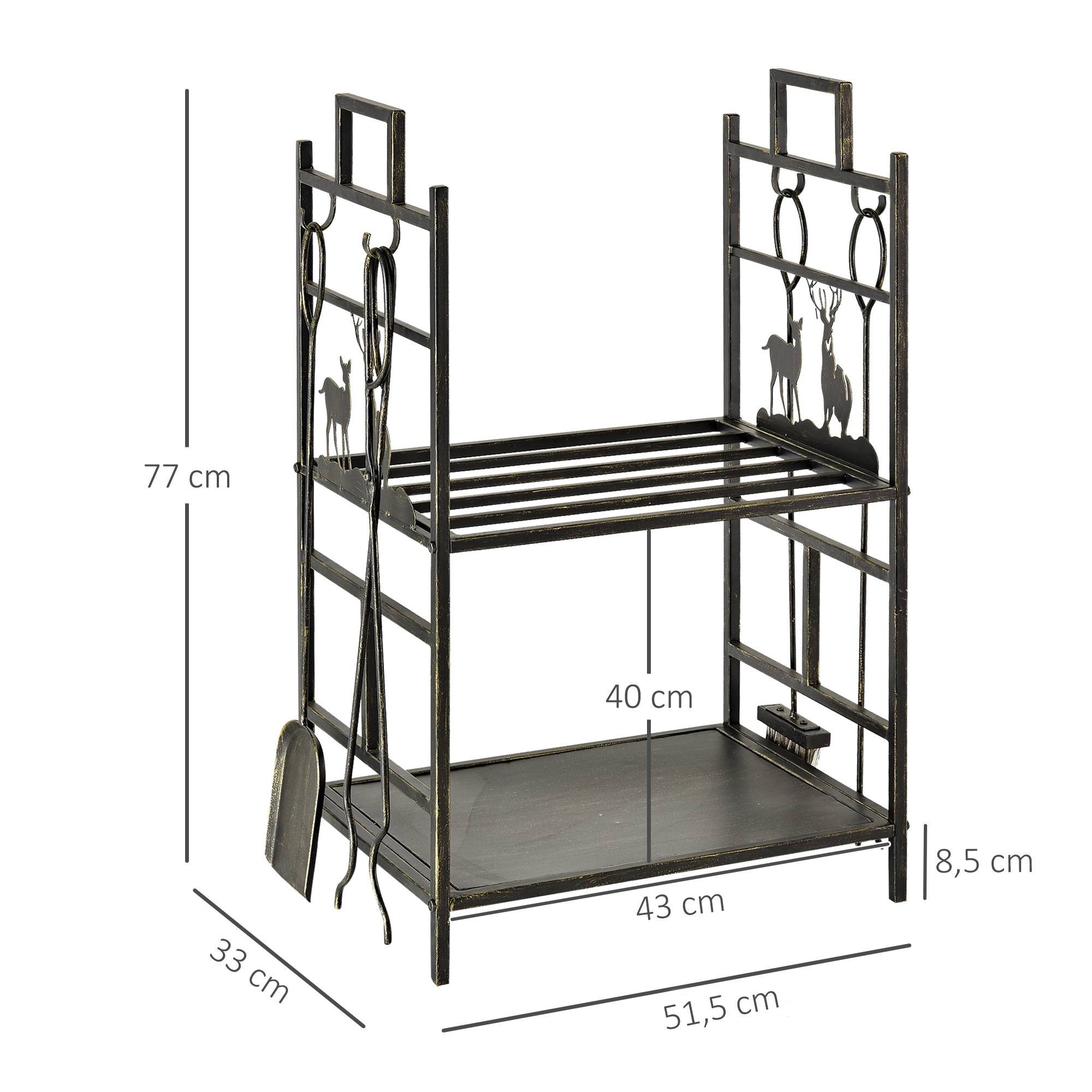 Porte-bûches en métal avec 4 outils et poignées pour une utilisation intérieure et extérieure, 51,5 x 33 x 77 cm, noir et or - Image 5