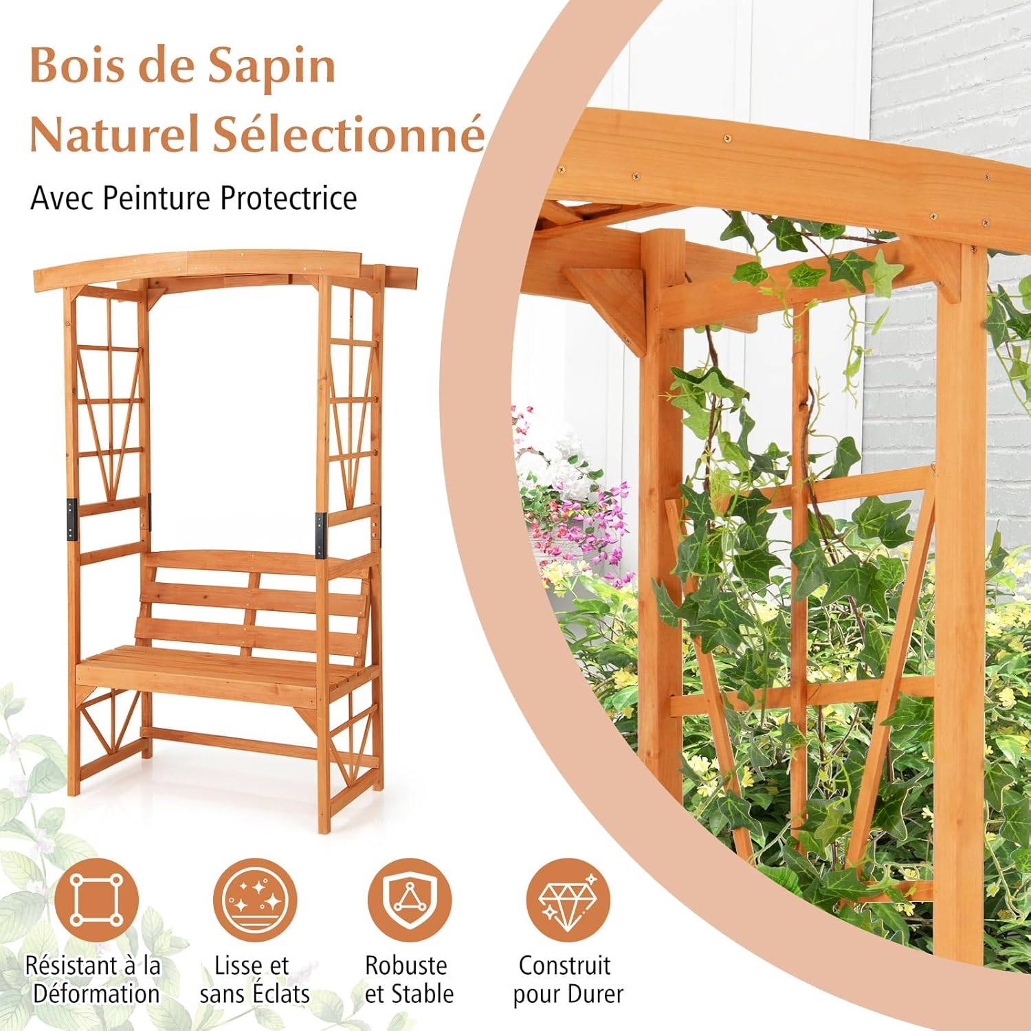Arche de Jardin pour Plantes Grimpantes avec Banc 2 Places à Charge 300 KG, Siège Décoratif Vigne 120 x 58 x 189 cm - Image 6