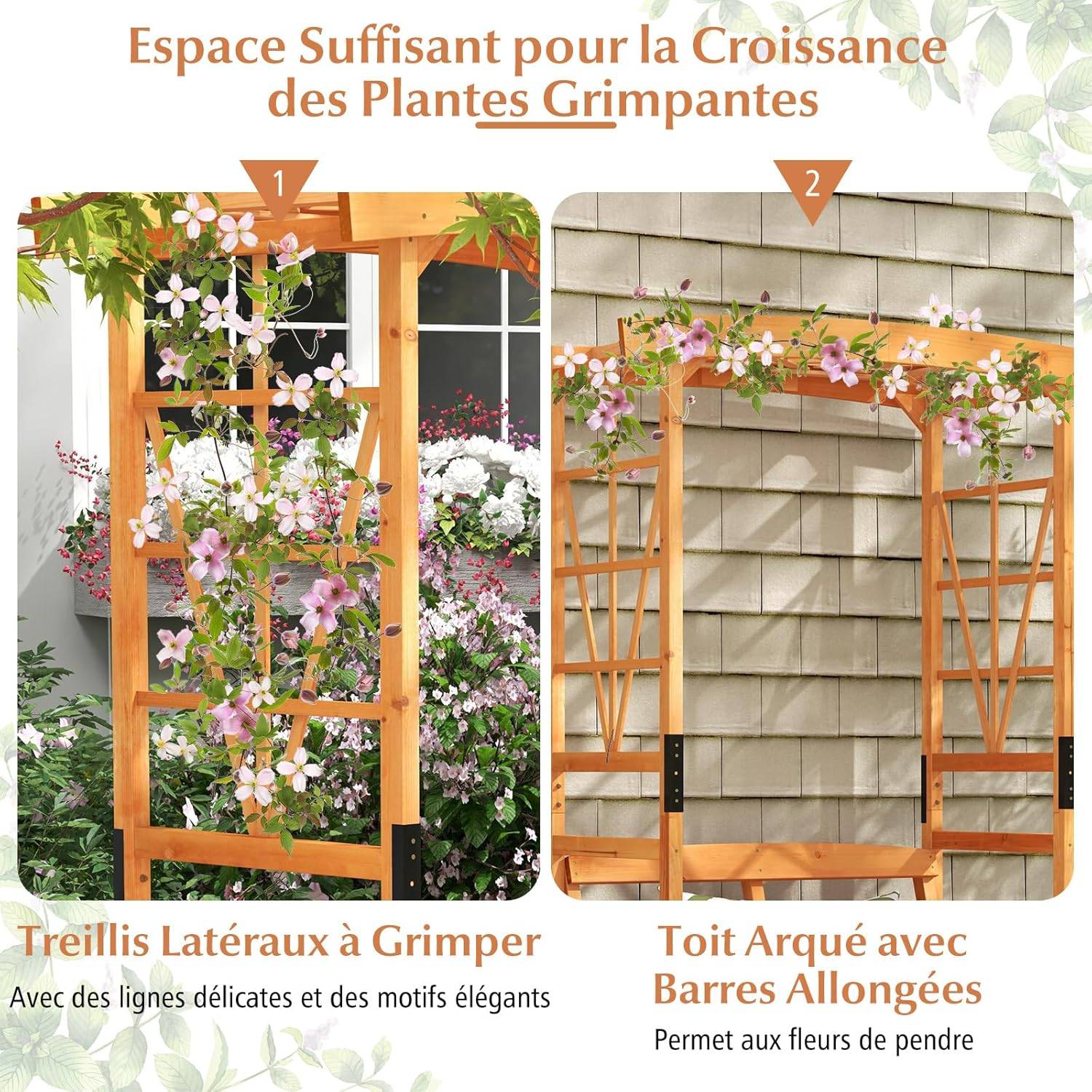 Arche de Jardin pour Plantes Grimpantes avec Banc 2 Places à Charge 300 KG, Siège Décoratif Vigne 120 x 58 x 189 cm - Image 5