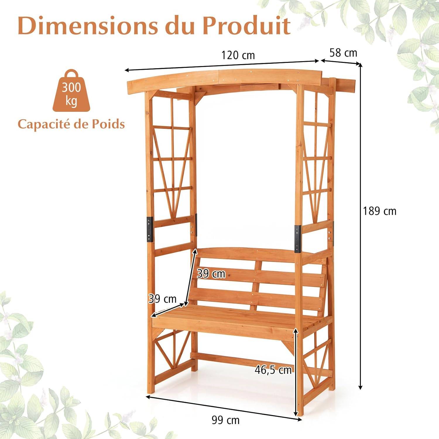 Arche de Jardin pour Plantes Grimpantes avec Banc 2 Places à Charge 300 KG, Siège Décoratif Vigne 120 x 58 x 189 cm - Image 4