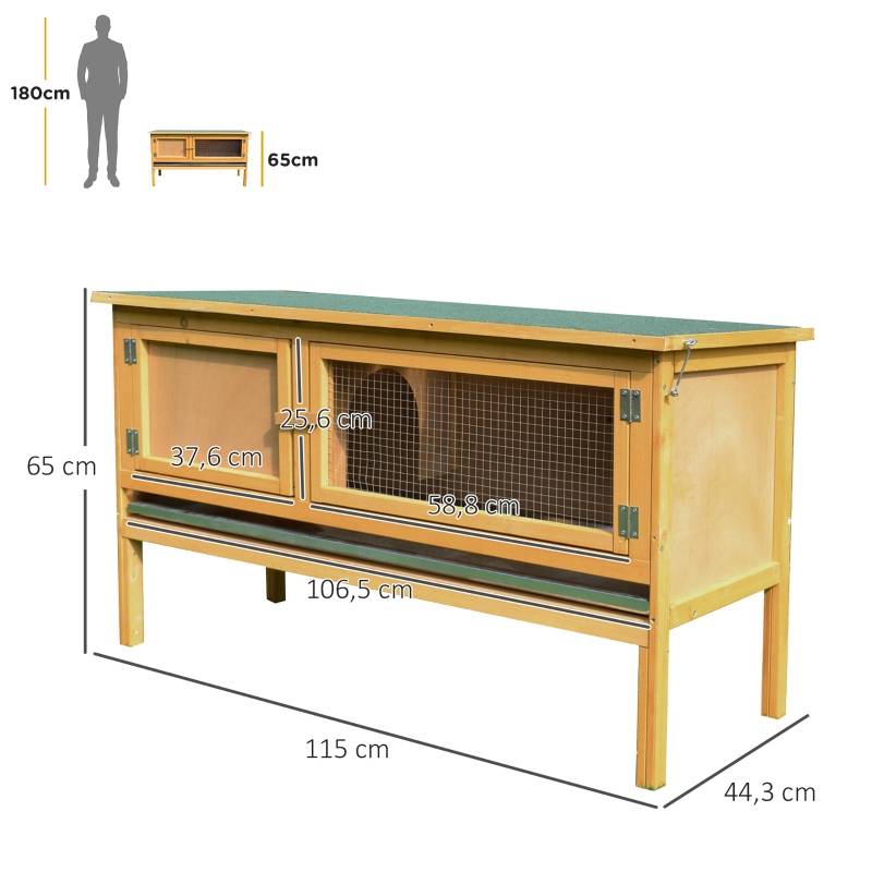 Clapier Lapin Bois Massif Extérieur Toit Ouvrant Tiroir Amovible 115x44x65cm Jaune - ComfortXL Outdoor Living - Image 3