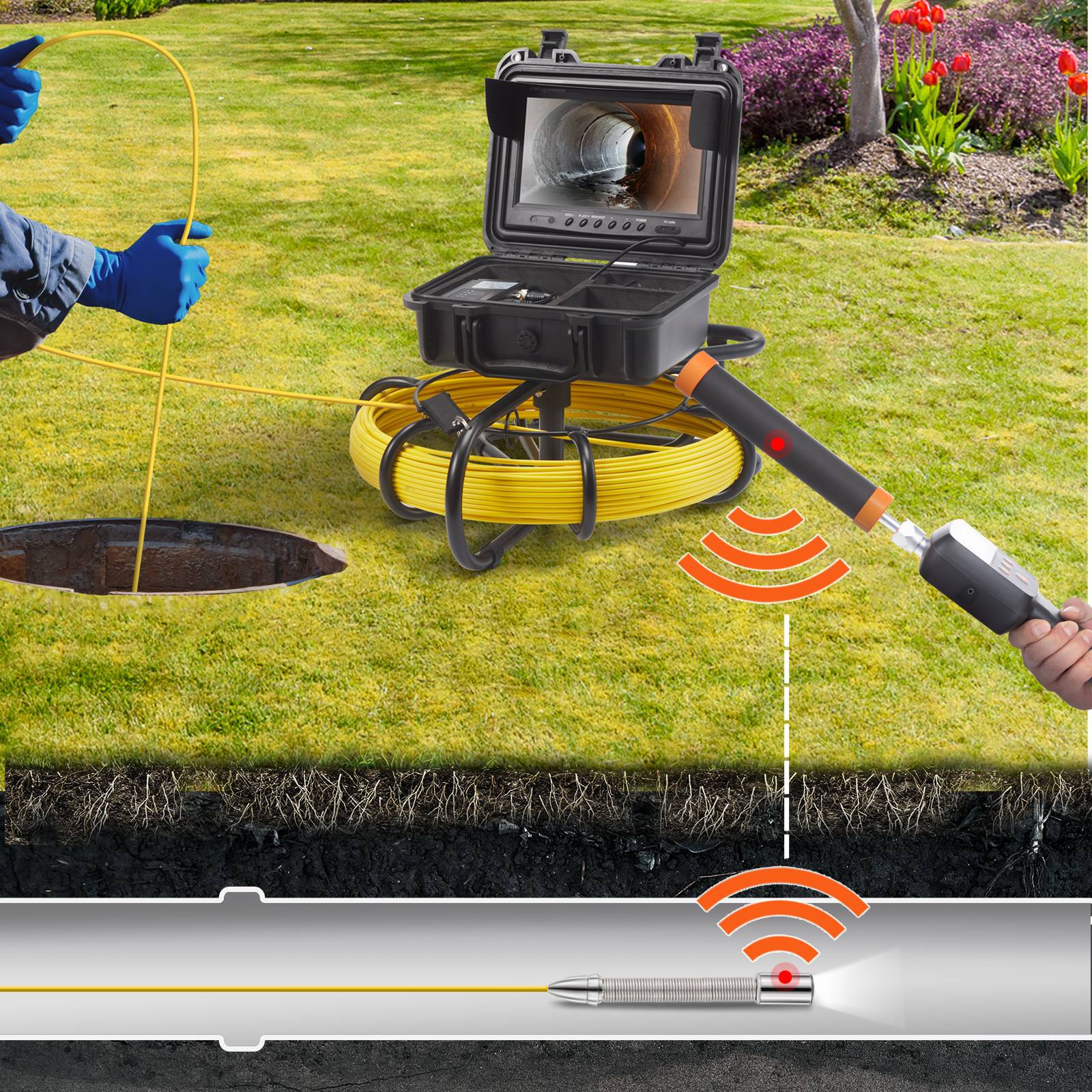 VEVOR Caméra inspection 50 m avec localisateur 512 Hz. Écran 9'', DVR, étanche IP68, 12 LED. Pour conduit - Image 8