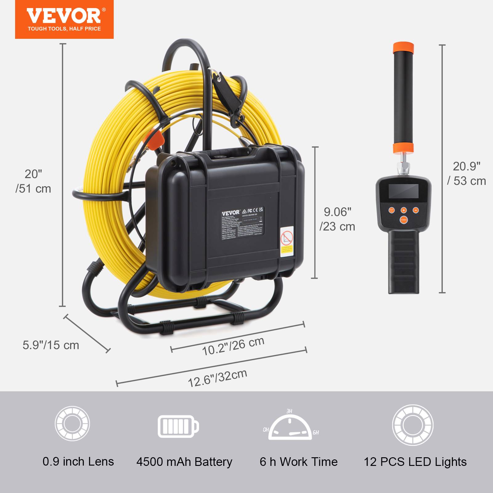 VEVOR Caméra inspection 50 m avec localisateur 512 Hz. Écran 9'', DVR, étanche IP68, 12 LED. Pour conduit - Image 7