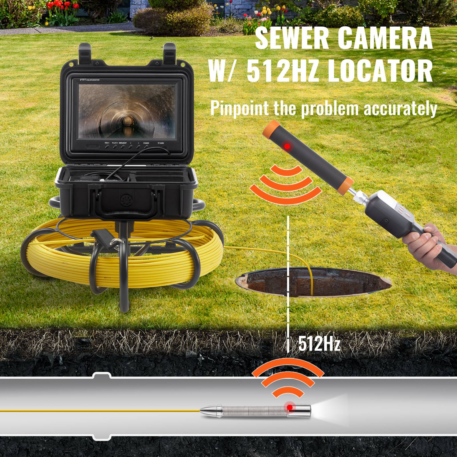 VEVOR Caméra inspection 50 m avec localisateur 512 Hz. Écran 9'', DVR, étanche IP68, 12 LED. Pour conduit - Image 5