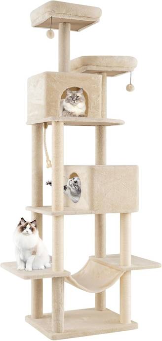 Arbre à Chat XXL 205 cm, 5 Plateformes, Corde et 4 Poteaux à Griffer en Sisal, 2 Condos, Hamac, Arbre a Chat Maine Coon, 2 Pompons Suspendu, pour 4-6