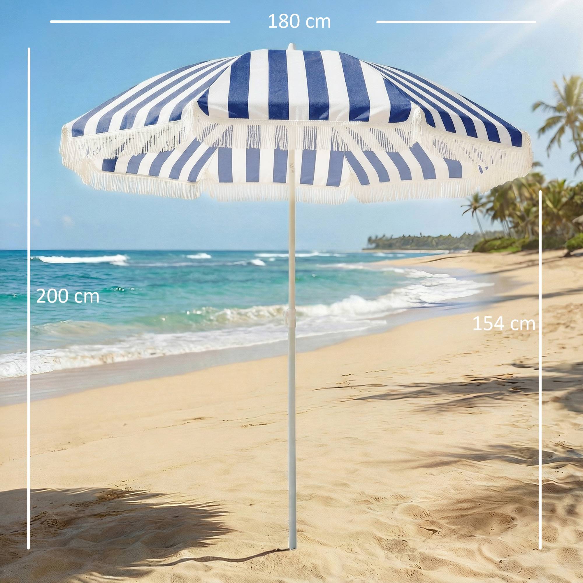 Parasol plage franges Ø180 cm, terrasse exterieur, hauteur ajustable, inclinaison 30°, bleu blanc - Image 5