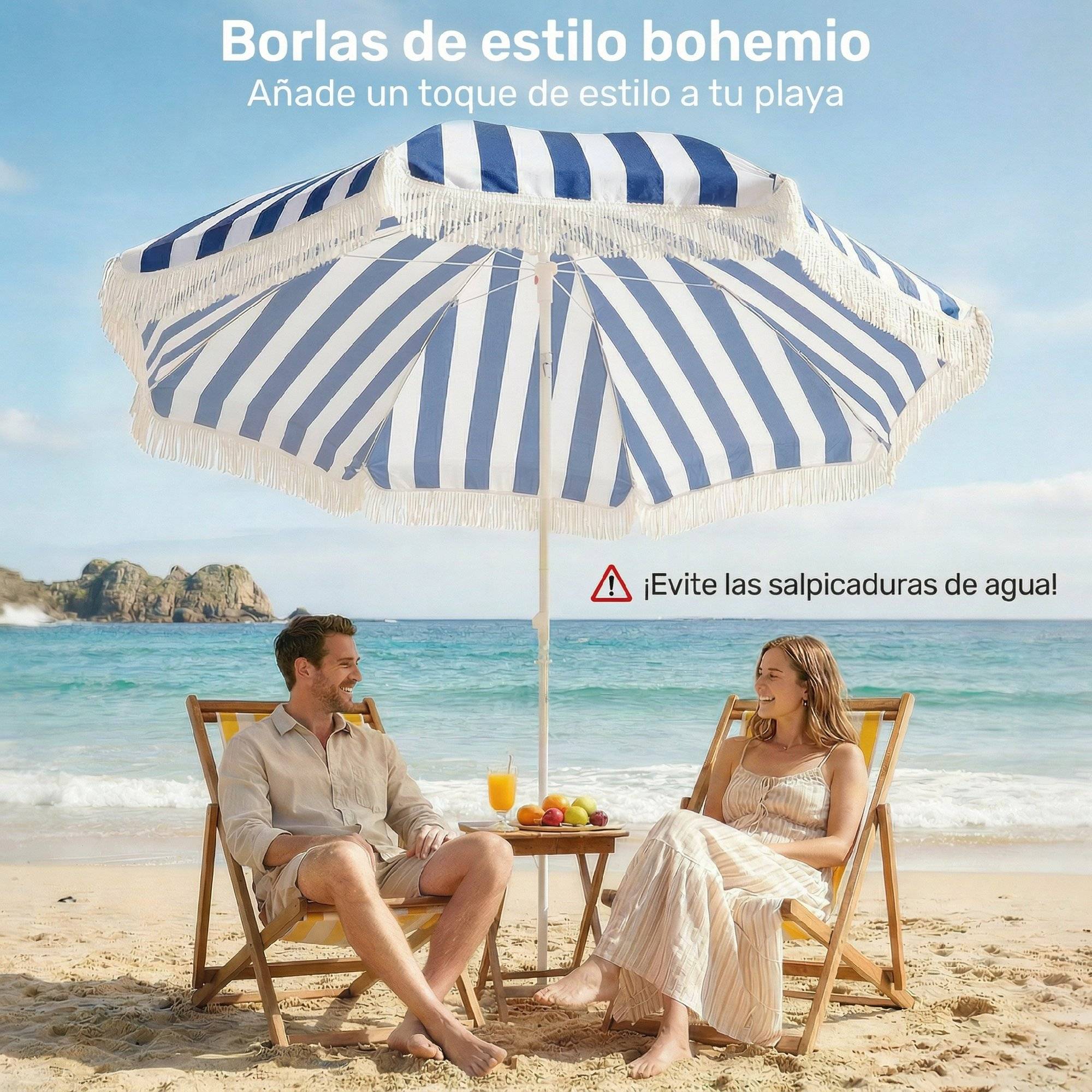 Parasol plage franges Ø180 cm, terrasse exterieur, hauteur ajustable, inclinaison 30°, bleu blanc - Image 6