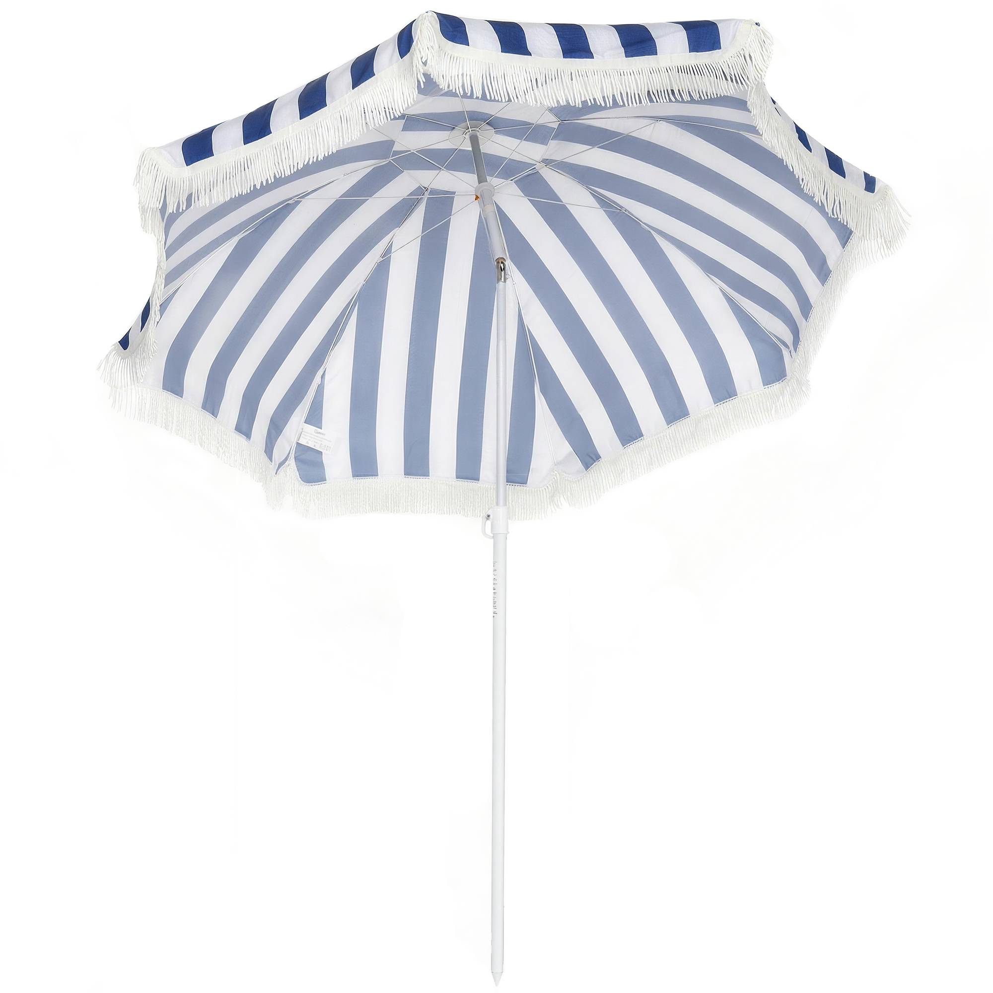 Parasol plage franges Ø180 cm, terrasse exterieur, hauteur ajustable, inclinaison 30°, bleu blanc