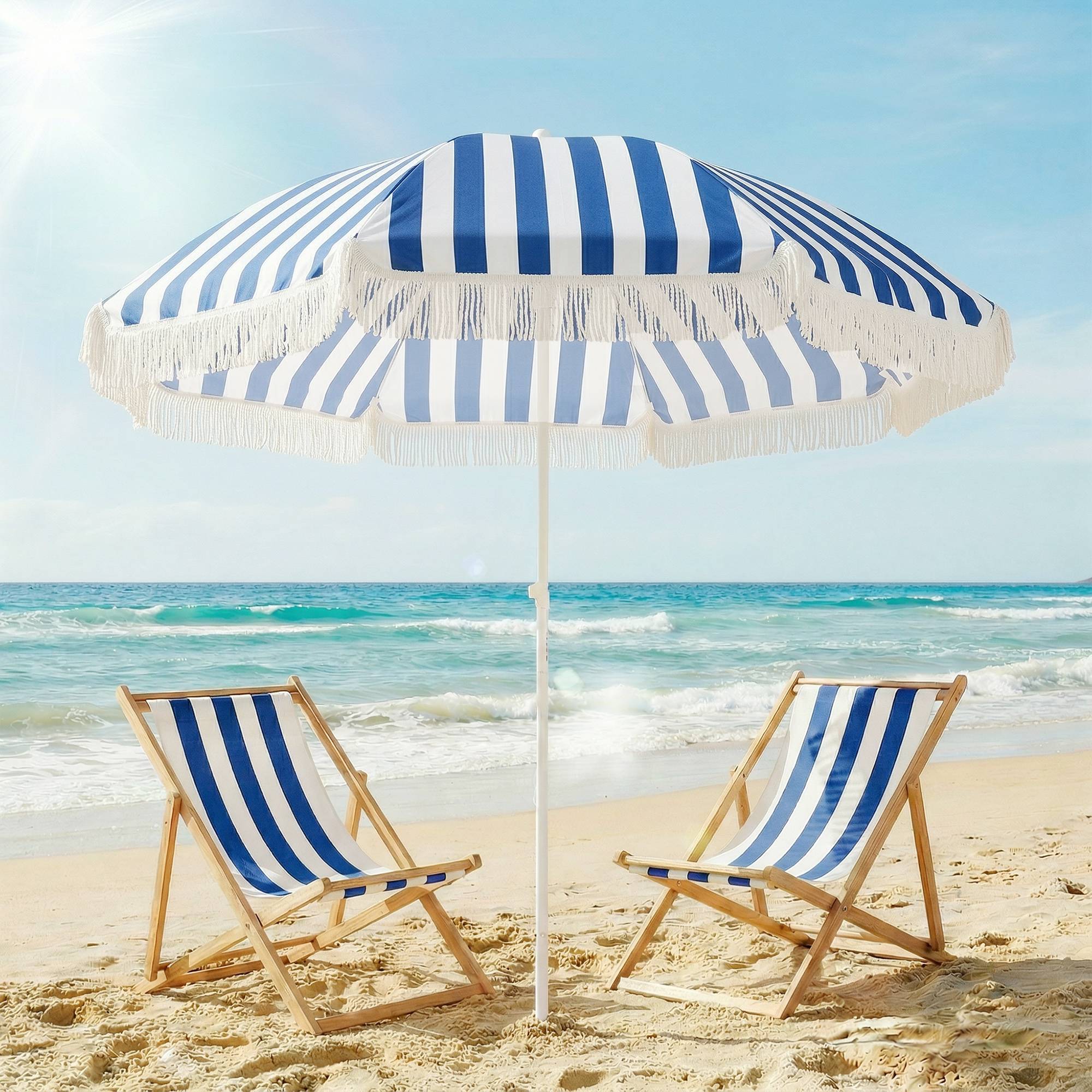 Parasol plage franges Ø180 cm, terrasse exterieur, hauteur ajustable, inclinaison 30°, bleu blanc - Image 3